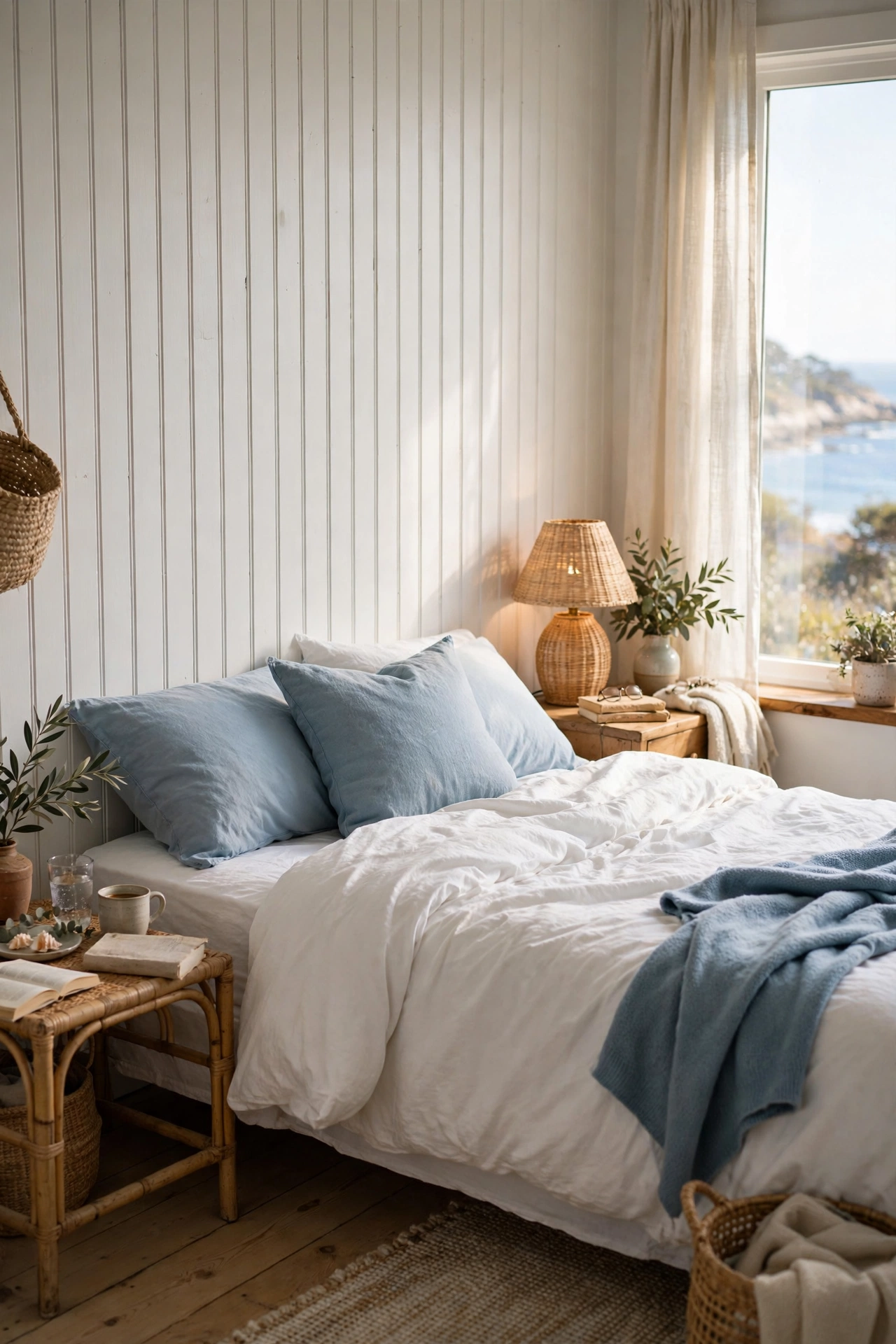 Peel and stick beadboard accent wall behind a bed