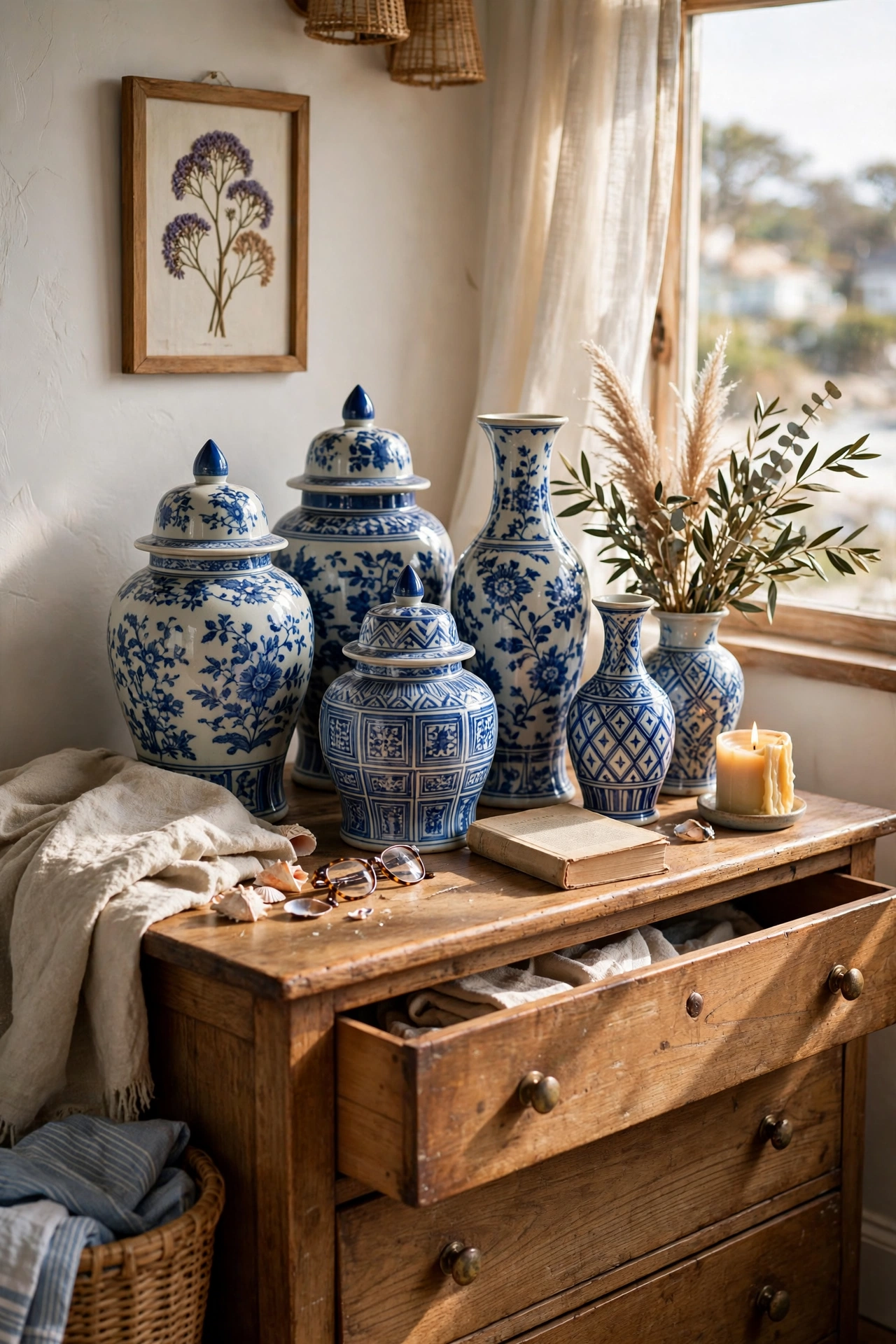 Thrifted blue and white ceramics on a dresser