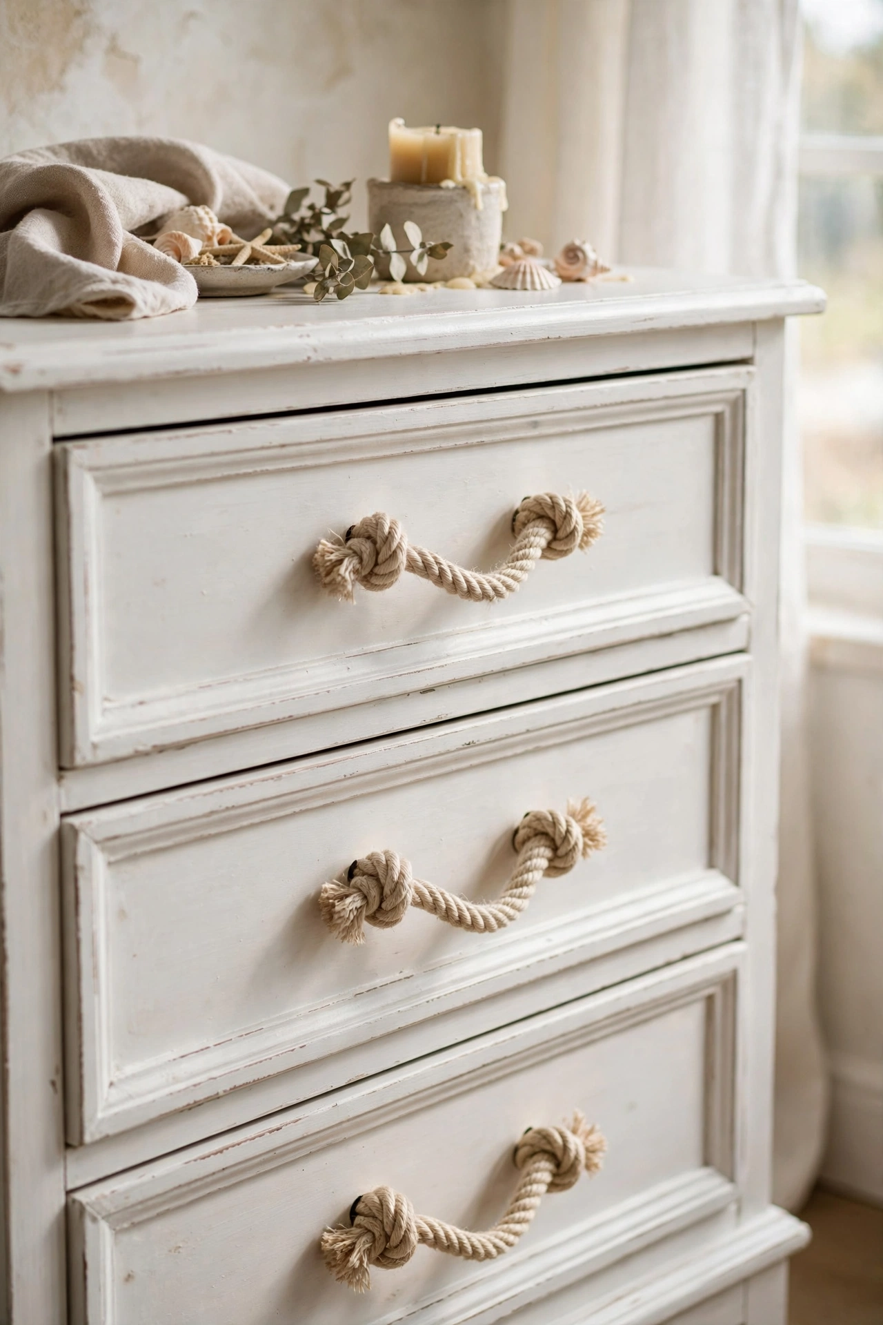 Dresser drawers with DIY nautical rope pulls