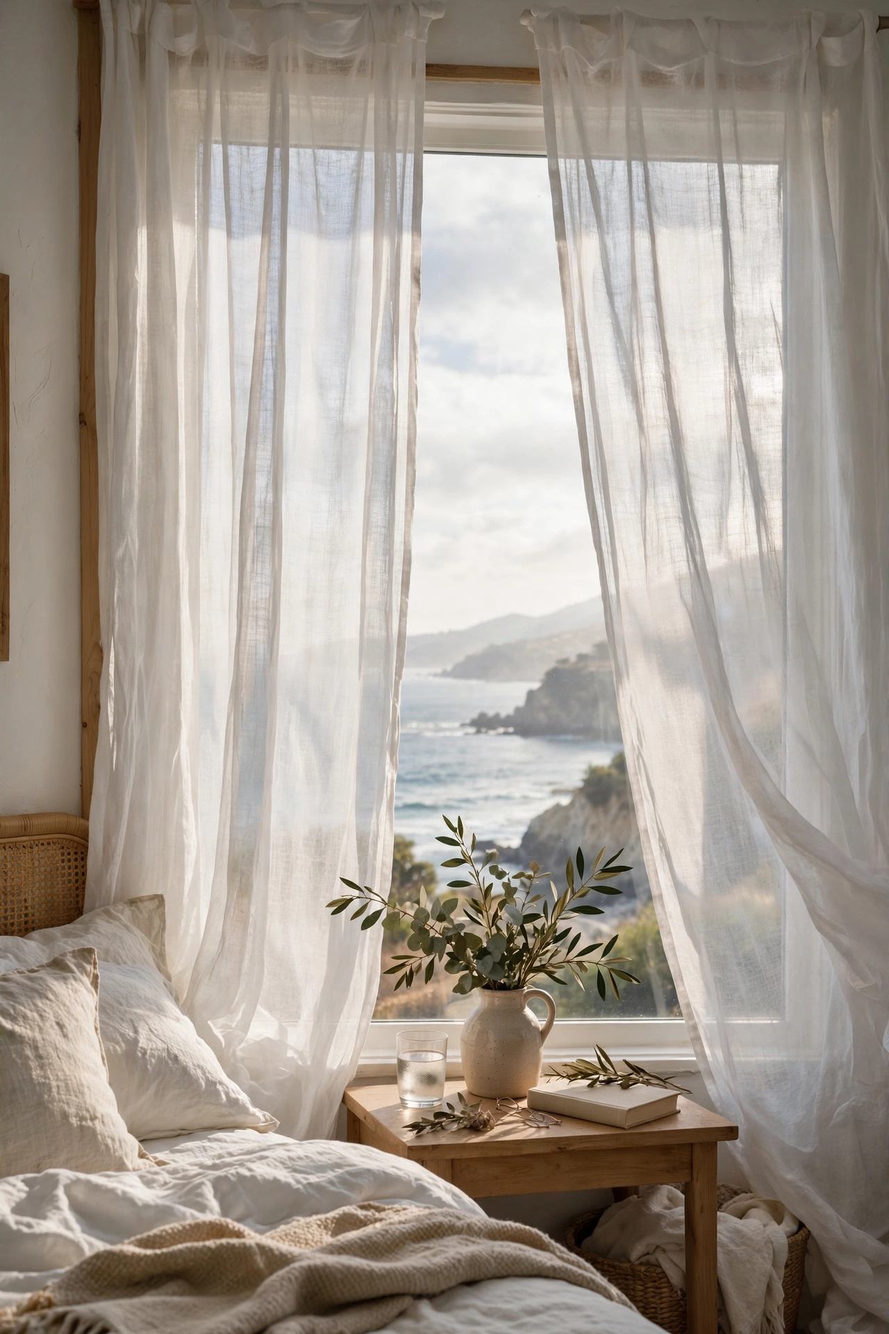 Sheer white linen curtains filtering morning light
