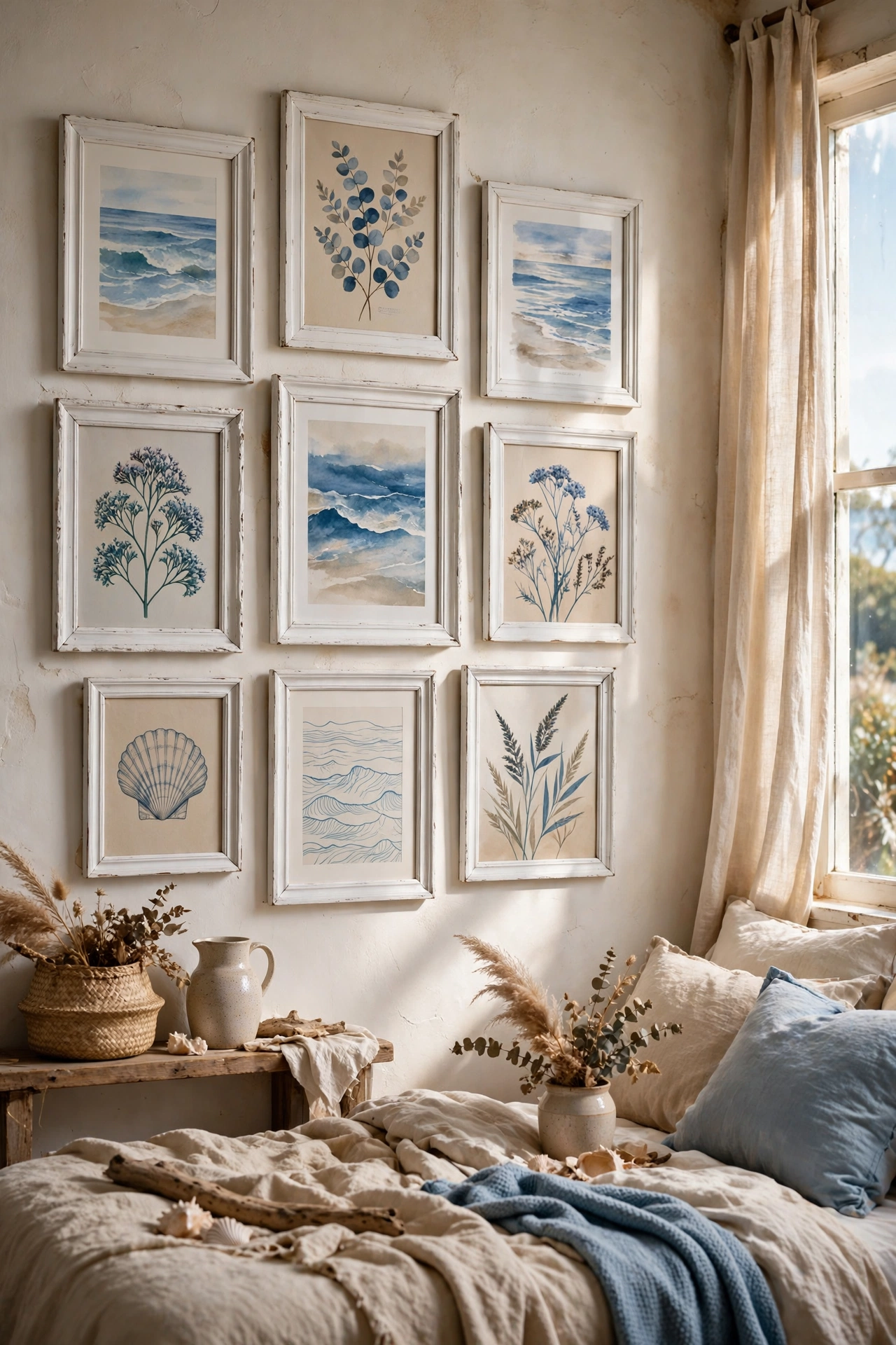Coastal gallery wall of thrifted white frames