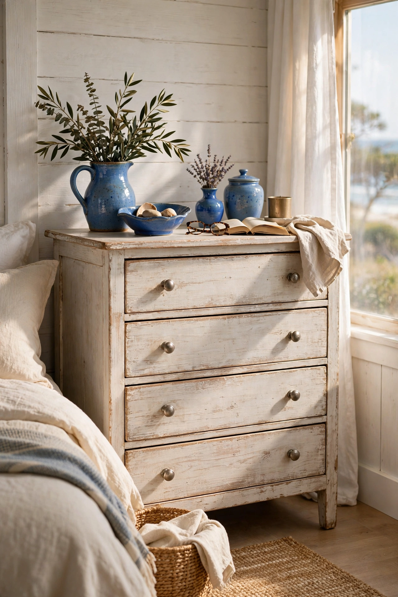 Whitewashed thrifted dresser in a coastal bedroom