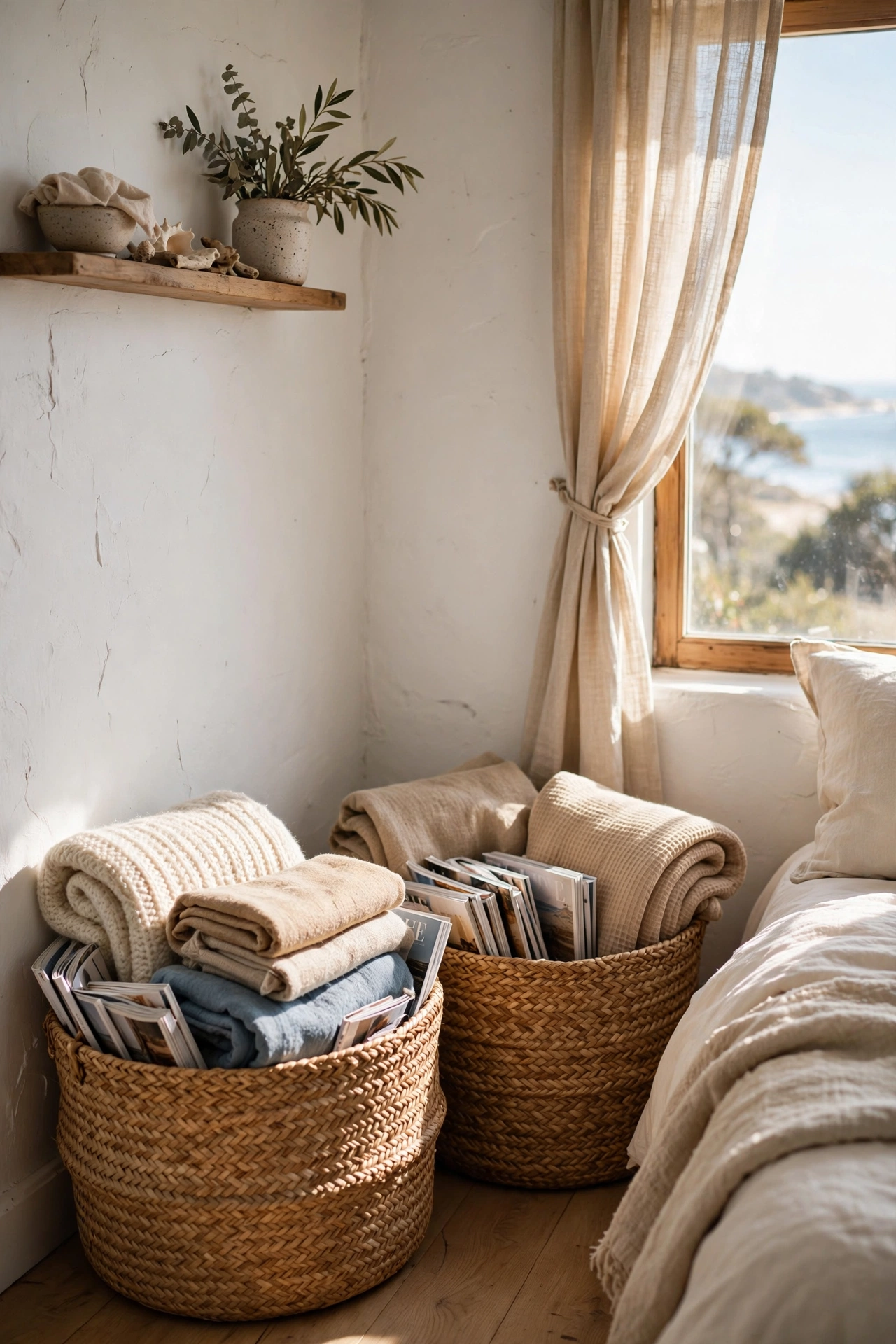 Seagrass baskets storing throws in a bedroom corner