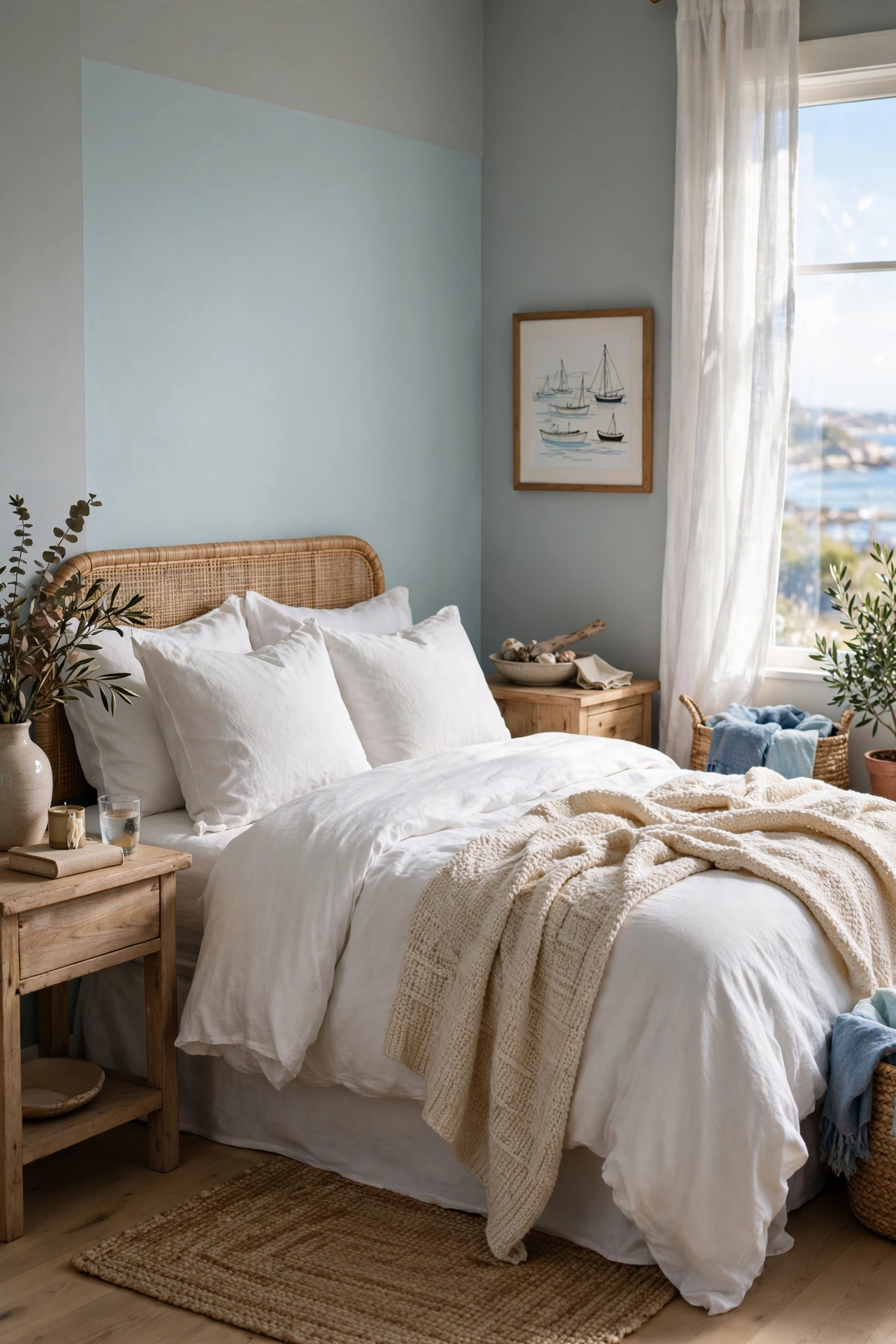 Soft coastal blue accent wall behind a white bed
