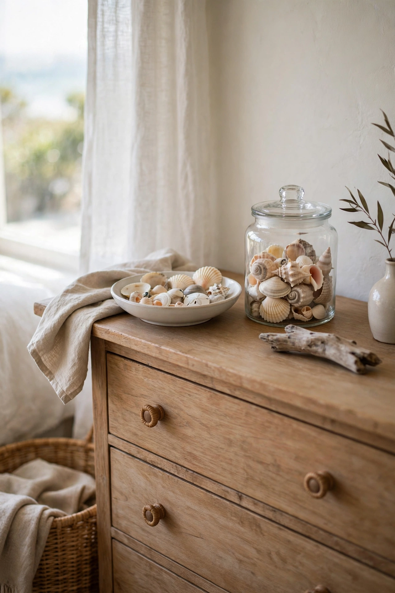 Styled seashell collection in a bowl and jar