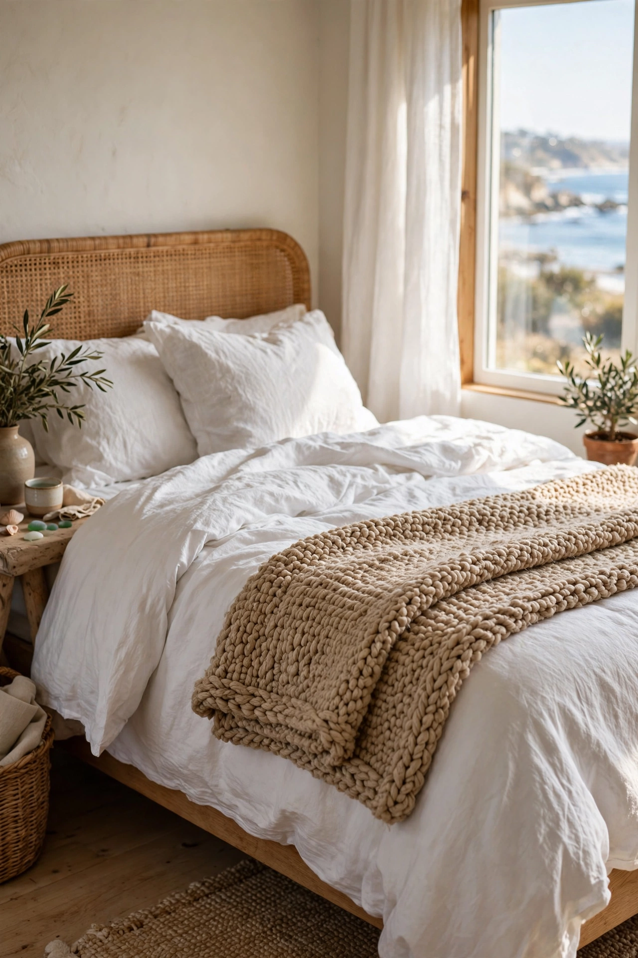 Sand tone woven throw on a coastal bed