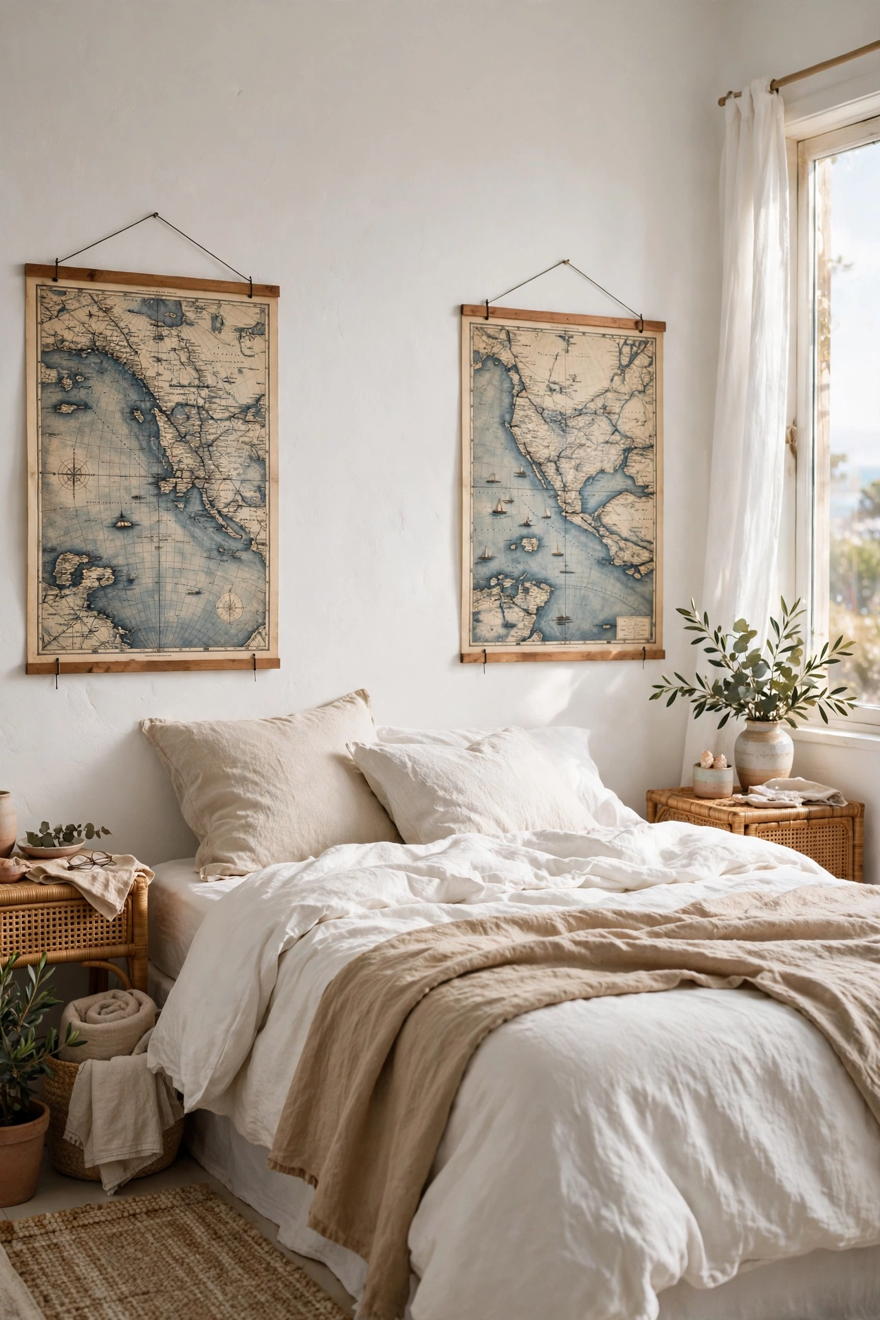 Large DIY coastal art prints flanking a bed