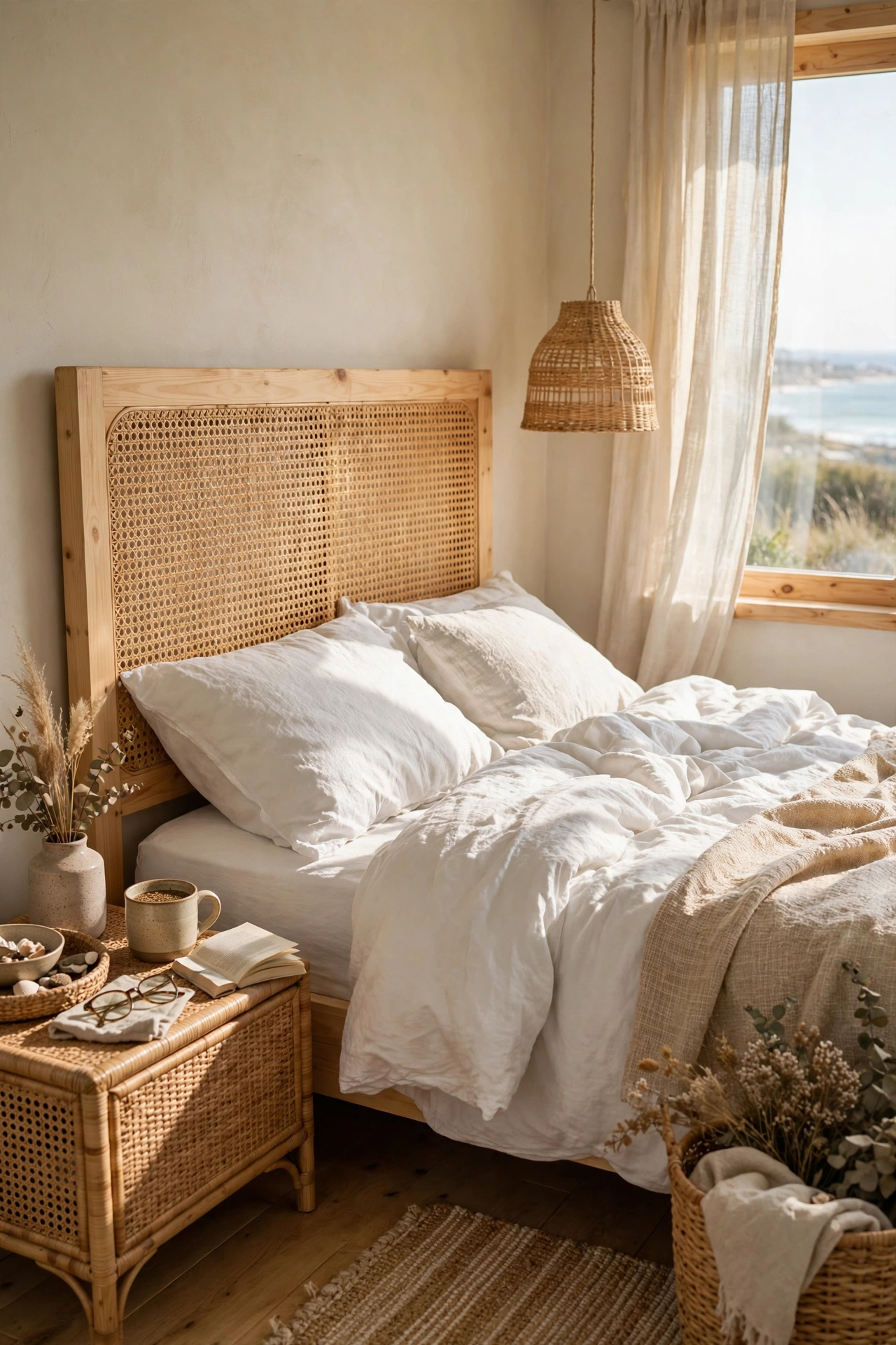 DIY cane webbing headboard in a coastal bedroom
