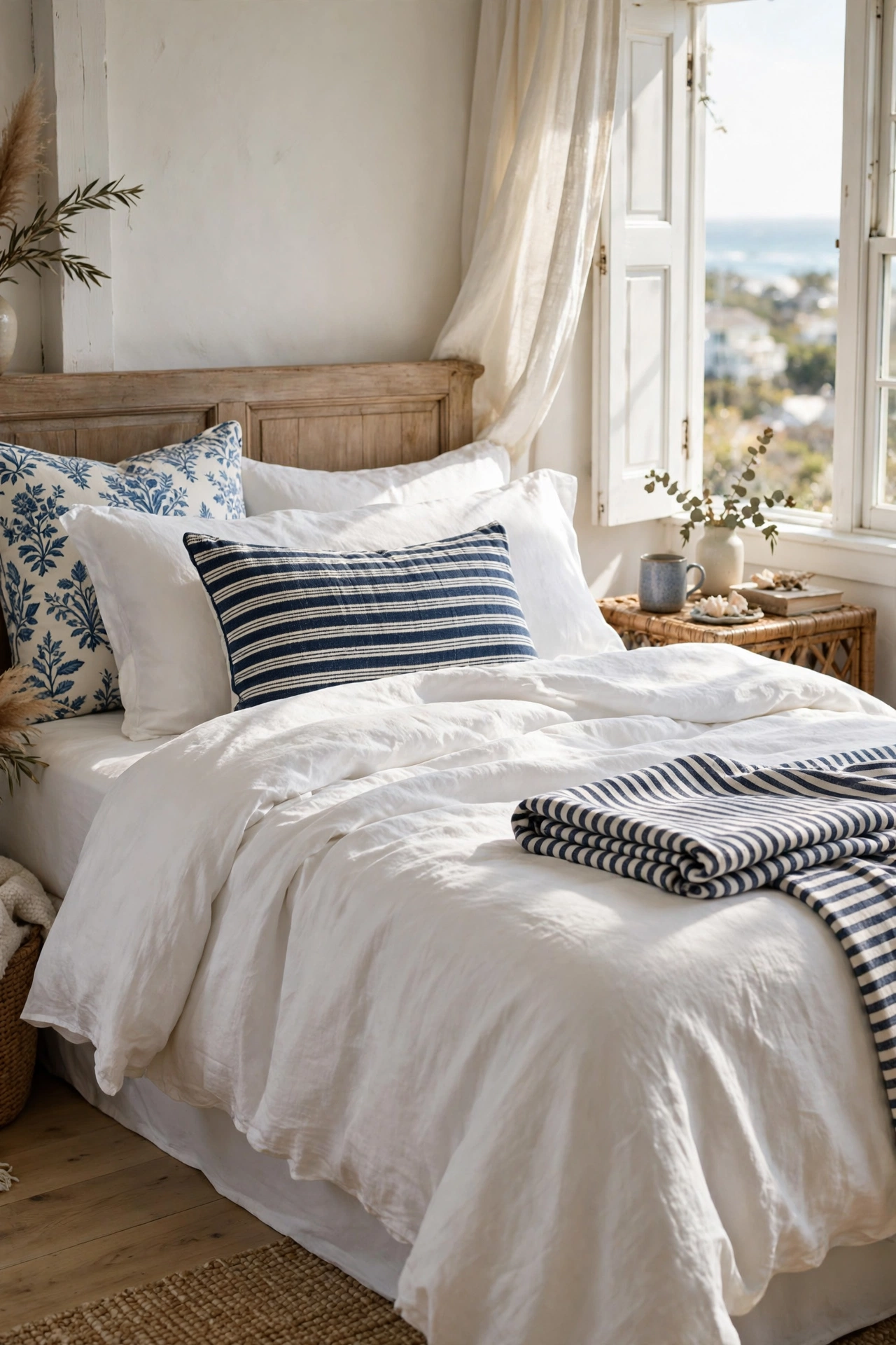 Navy and white striped pillows on coastal bedding