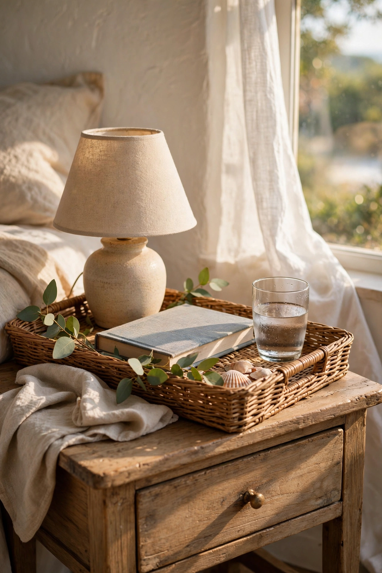 Wicker tray organizing a coastal nightstand