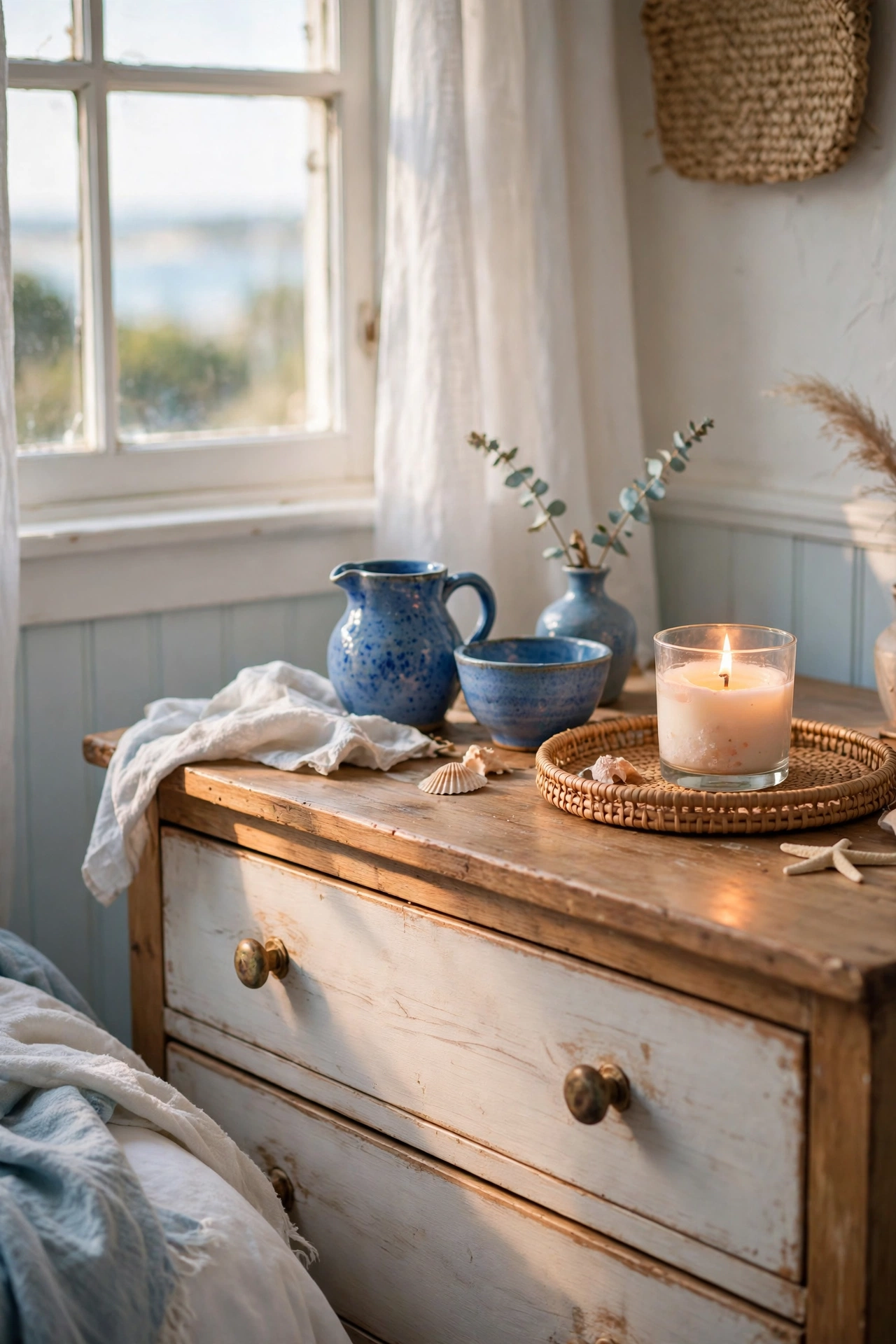 Sea salt candle styled on a coastal dresser