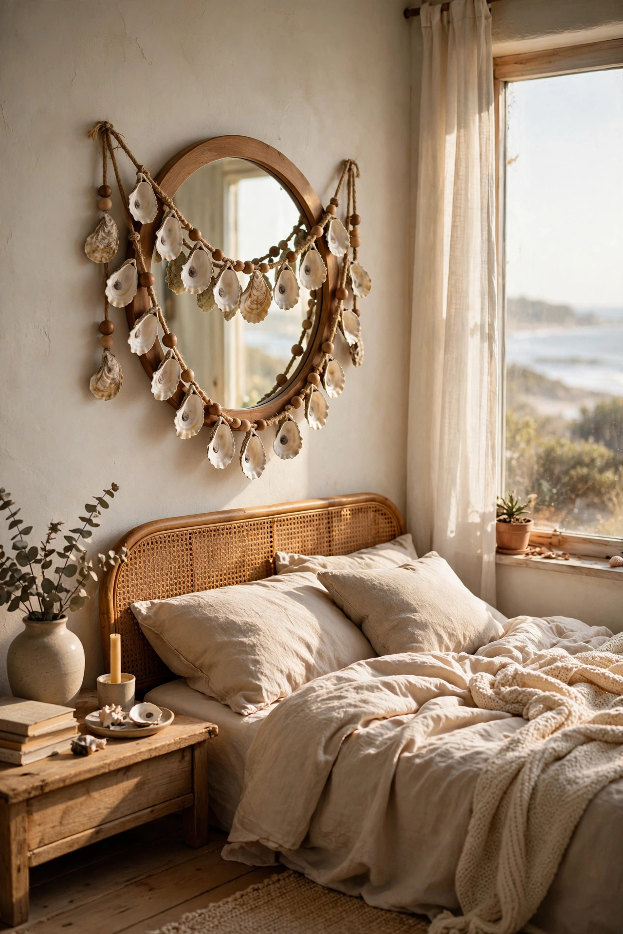 Oyster shell garland draped over a coastal mirror