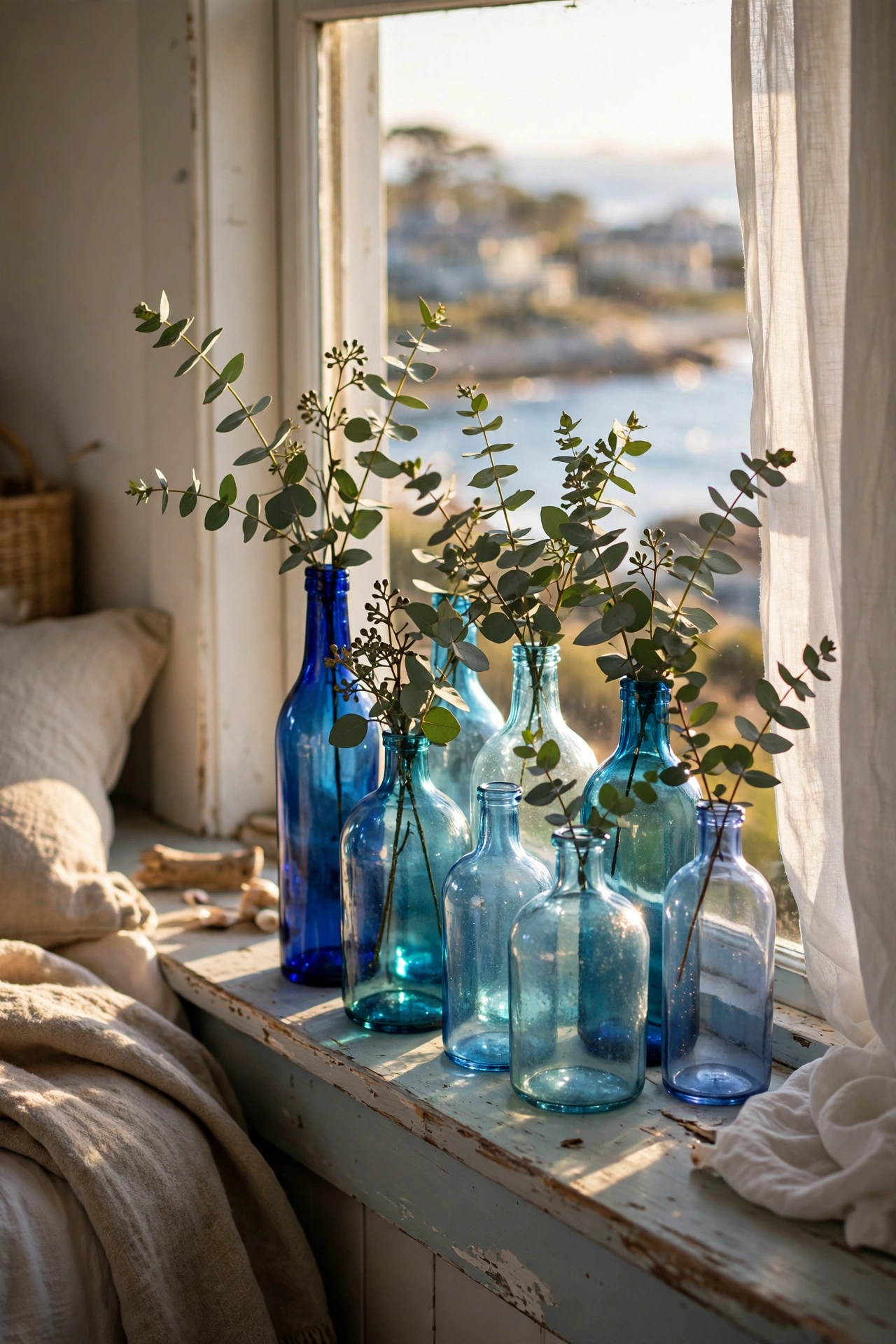 Blue glass bottles grouped as vases on a windowsill