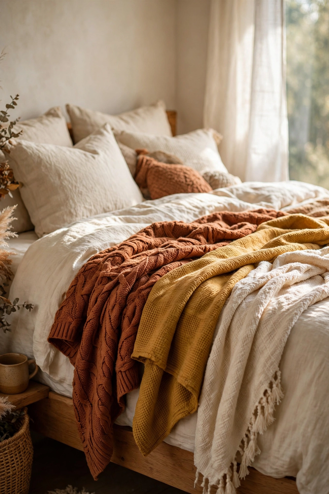 Rust and cream throw blankets layered on a bed