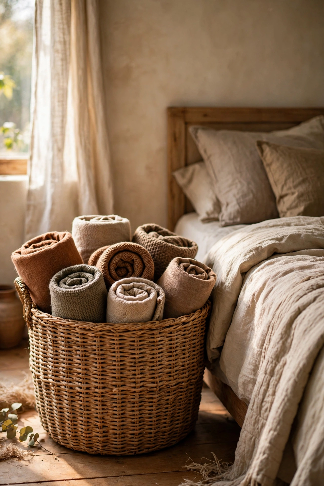 Large rattan basket filled with rolled blankets