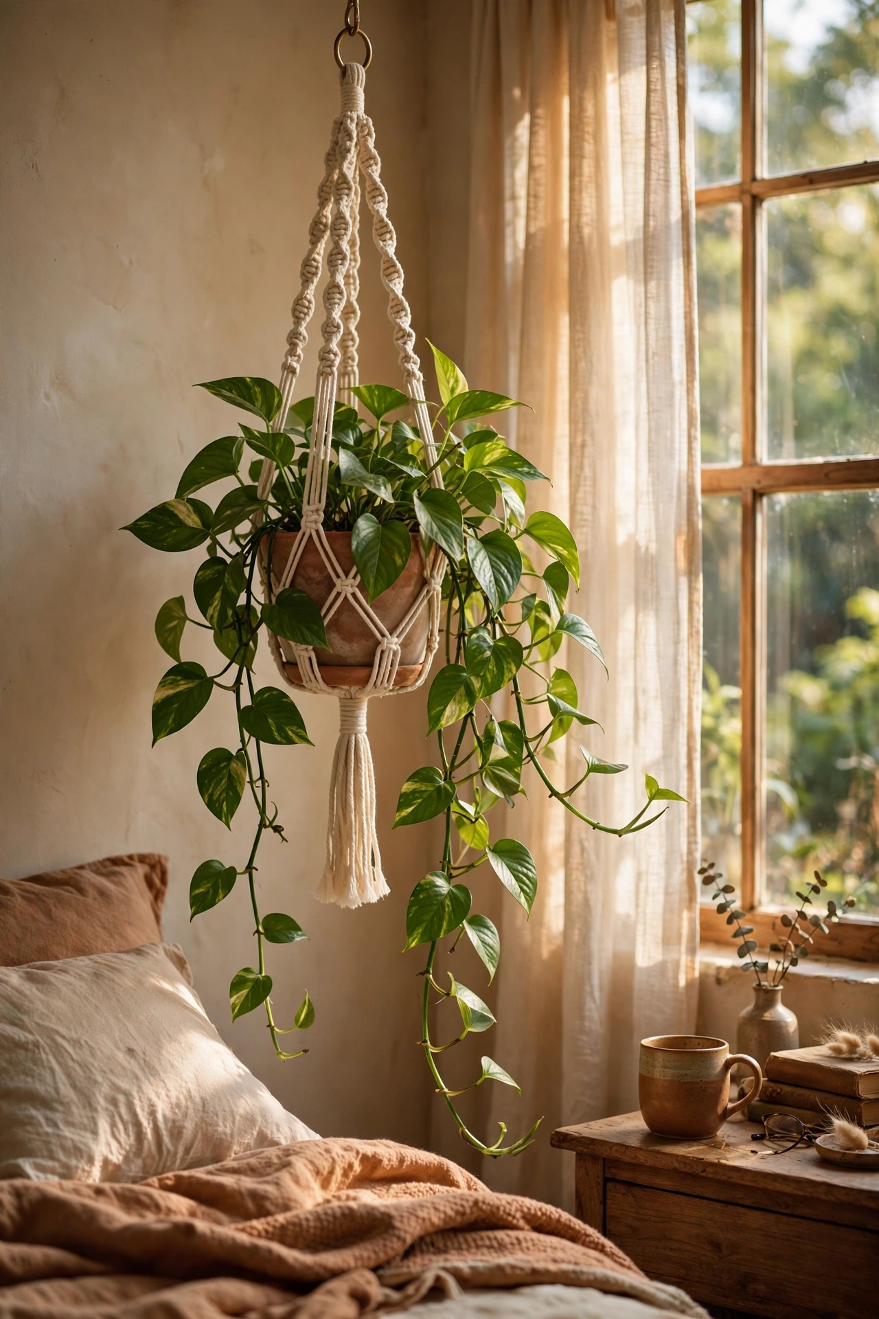 Trailing pothos plant in macrame hanger by window