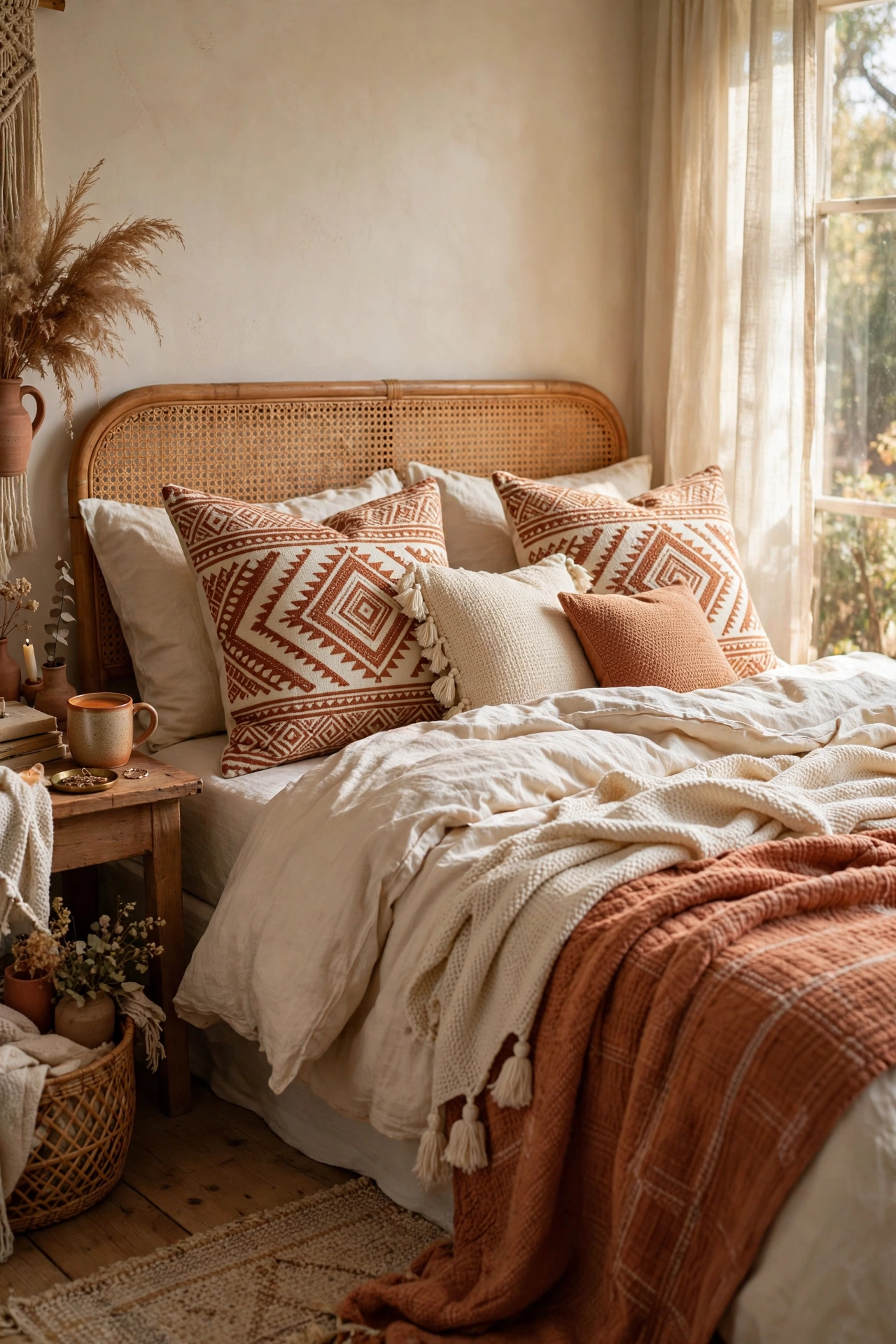 Moroccan print throw pillows on a boho bed
