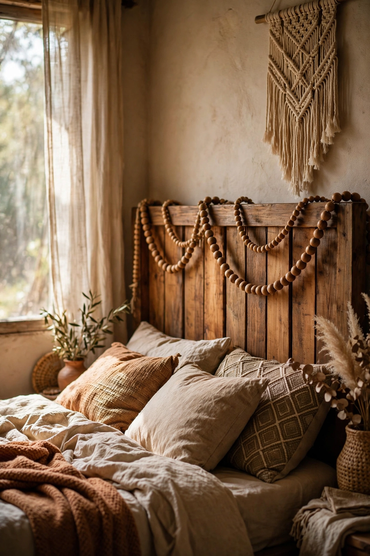 Wooden bead garland draped over a headboard