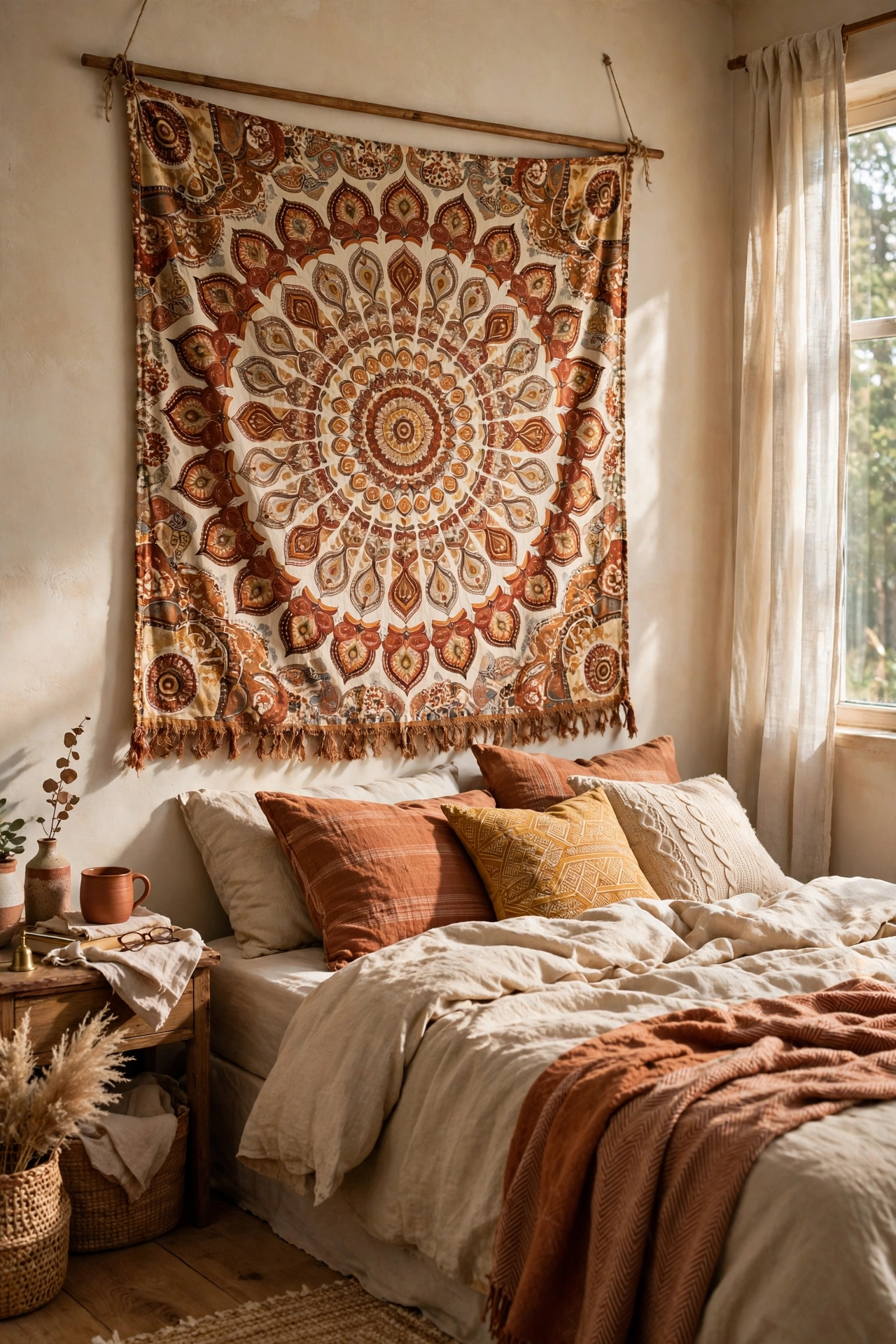 Patterned mandala wall textile hung behind a bed