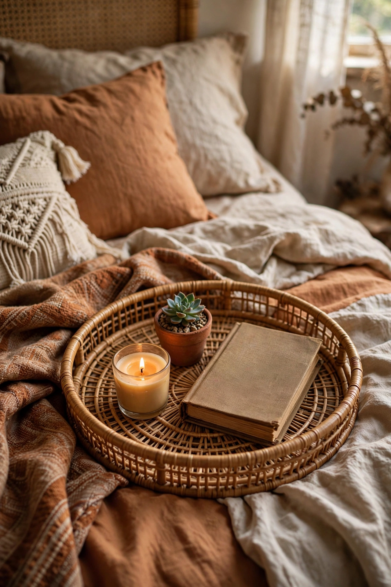 Round rattan tray styled with candle and plant on bed