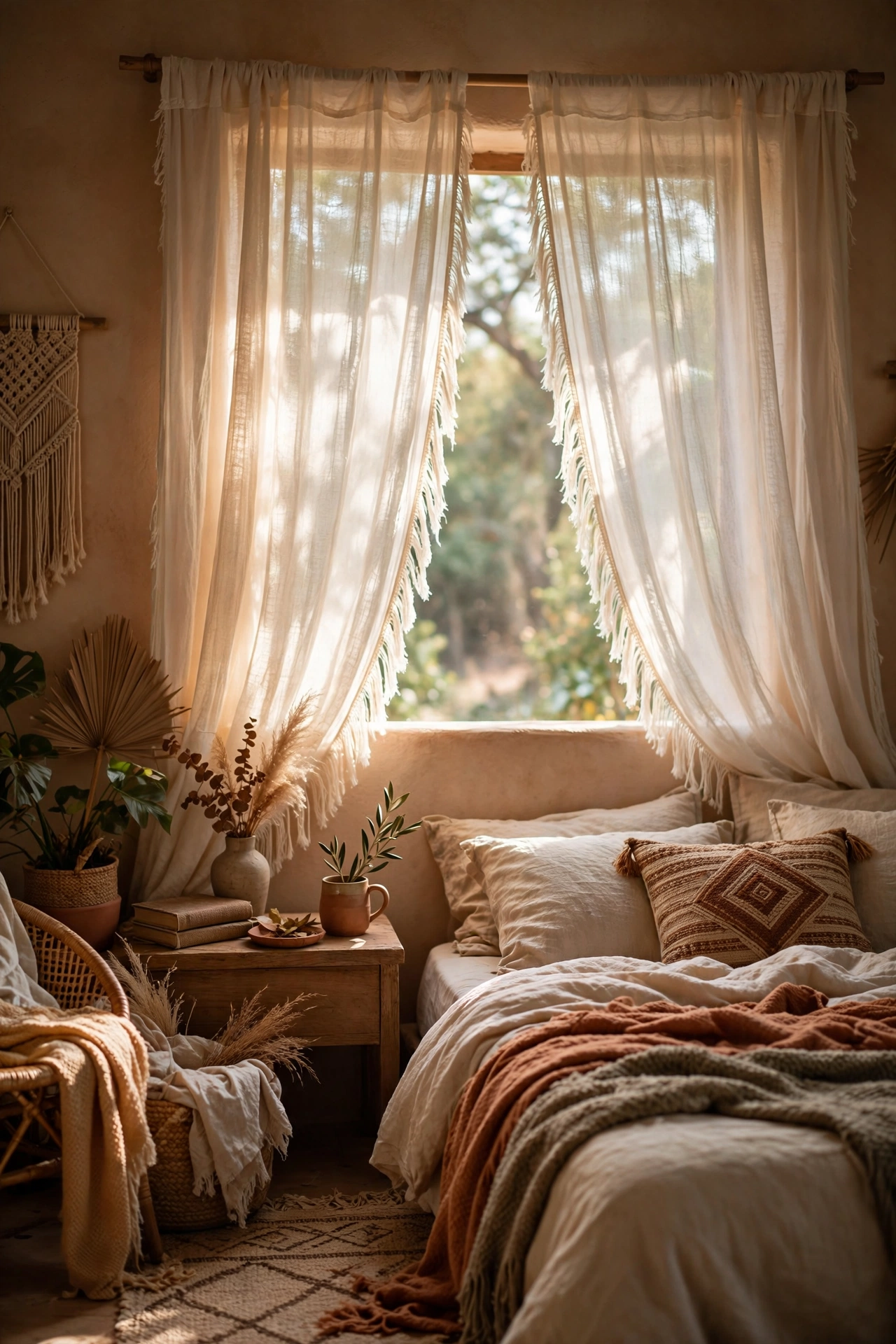 Fringed cream cotton curtains on a bedroom window