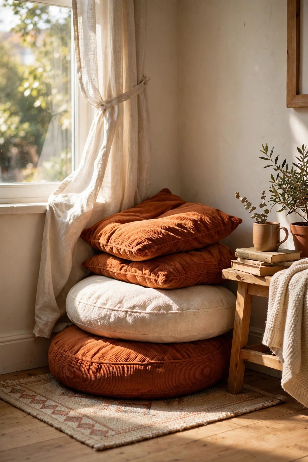 Stacked rust and cream floor cushions in a corner nook