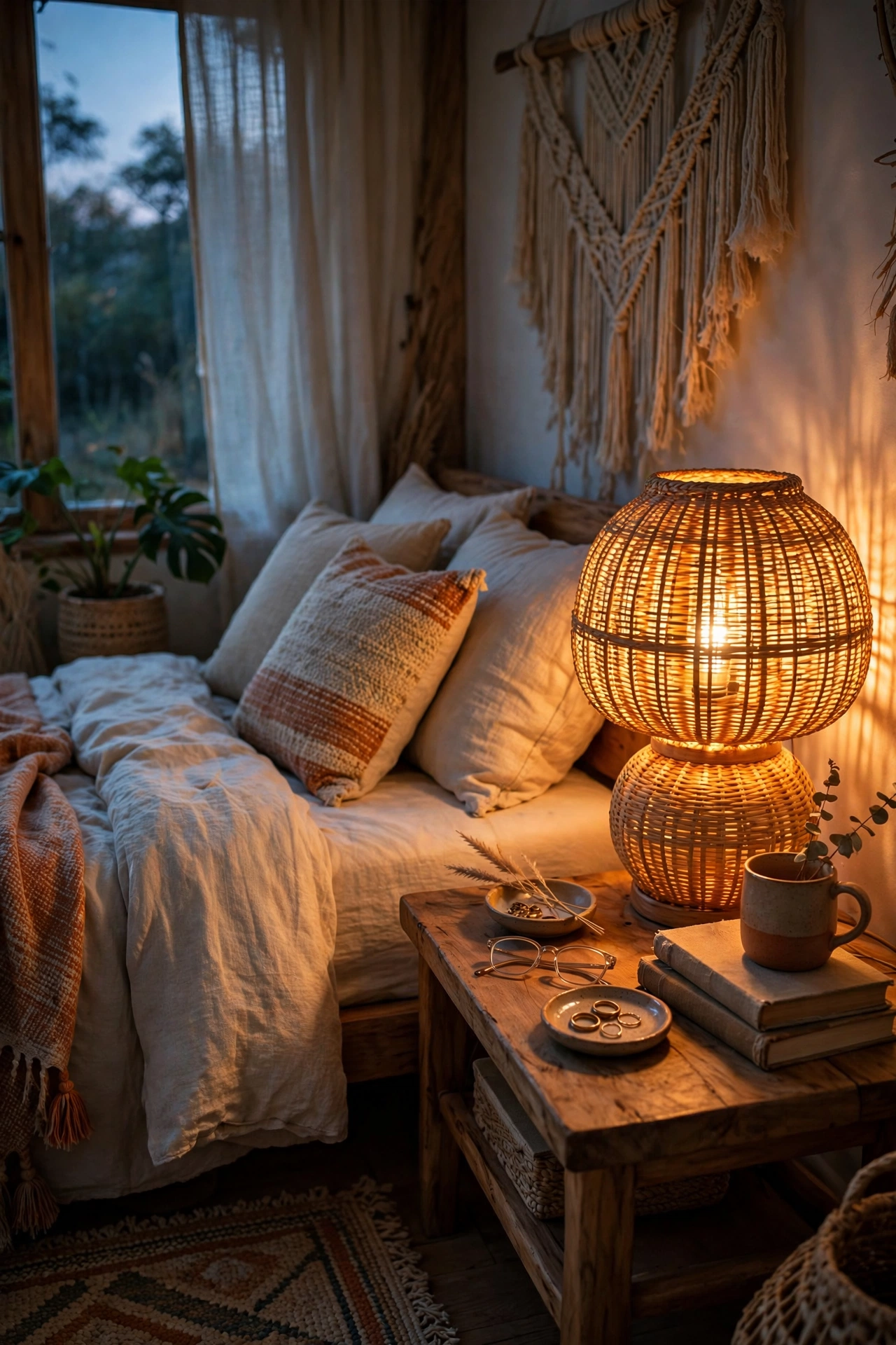 Table lamp with woven rattan shade glowing warmly