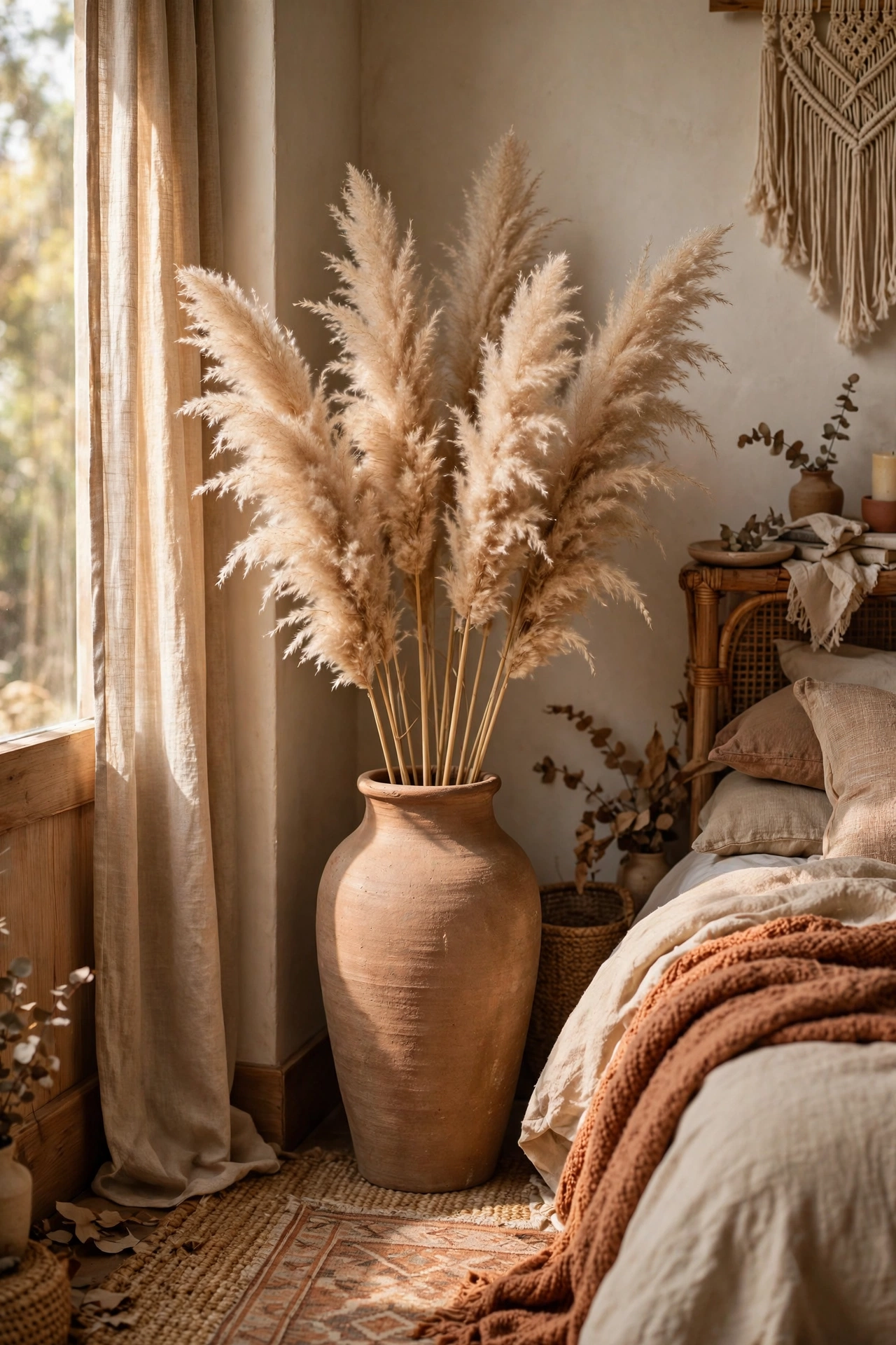 Dried pampas grass in a tall ceramic floor vase