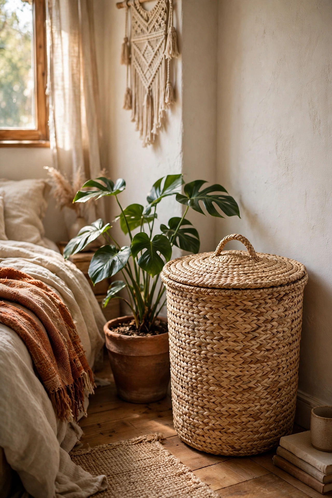 Lidded seagrass laundry hamper in a bedroom corner