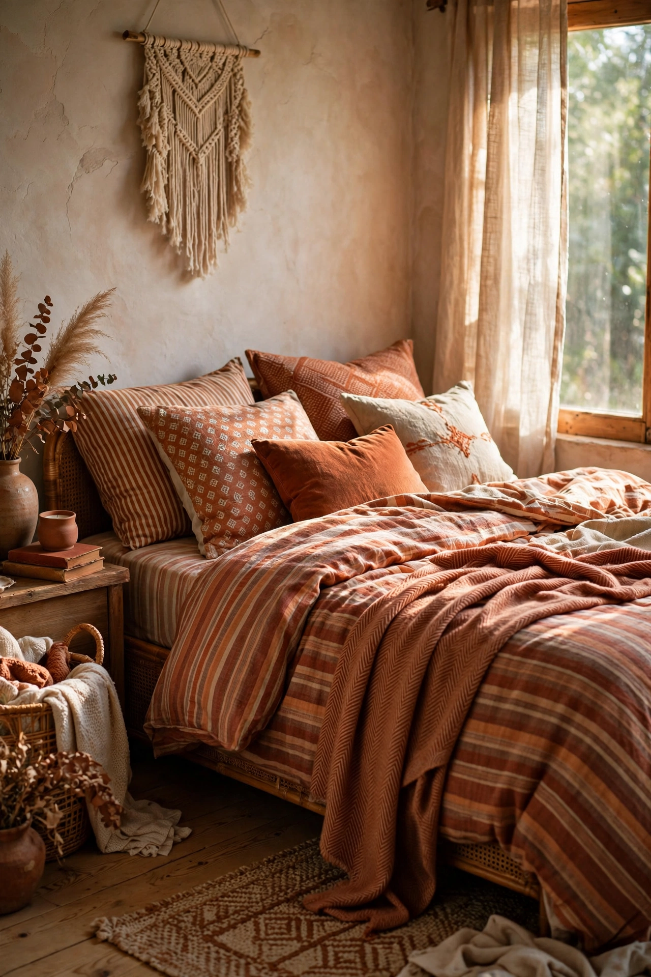 Bed with mismatched striped and rust patterned bedding