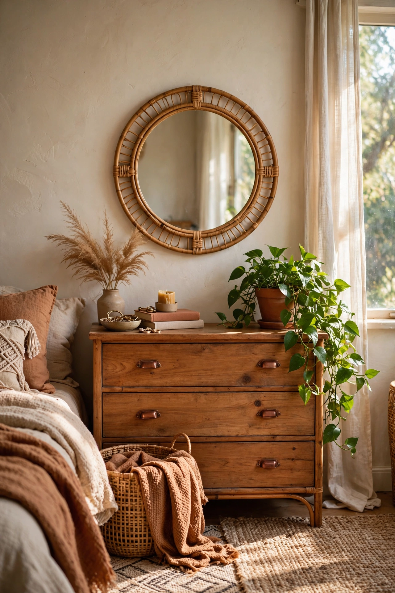Round rattan mirror hung above a wooden dresser