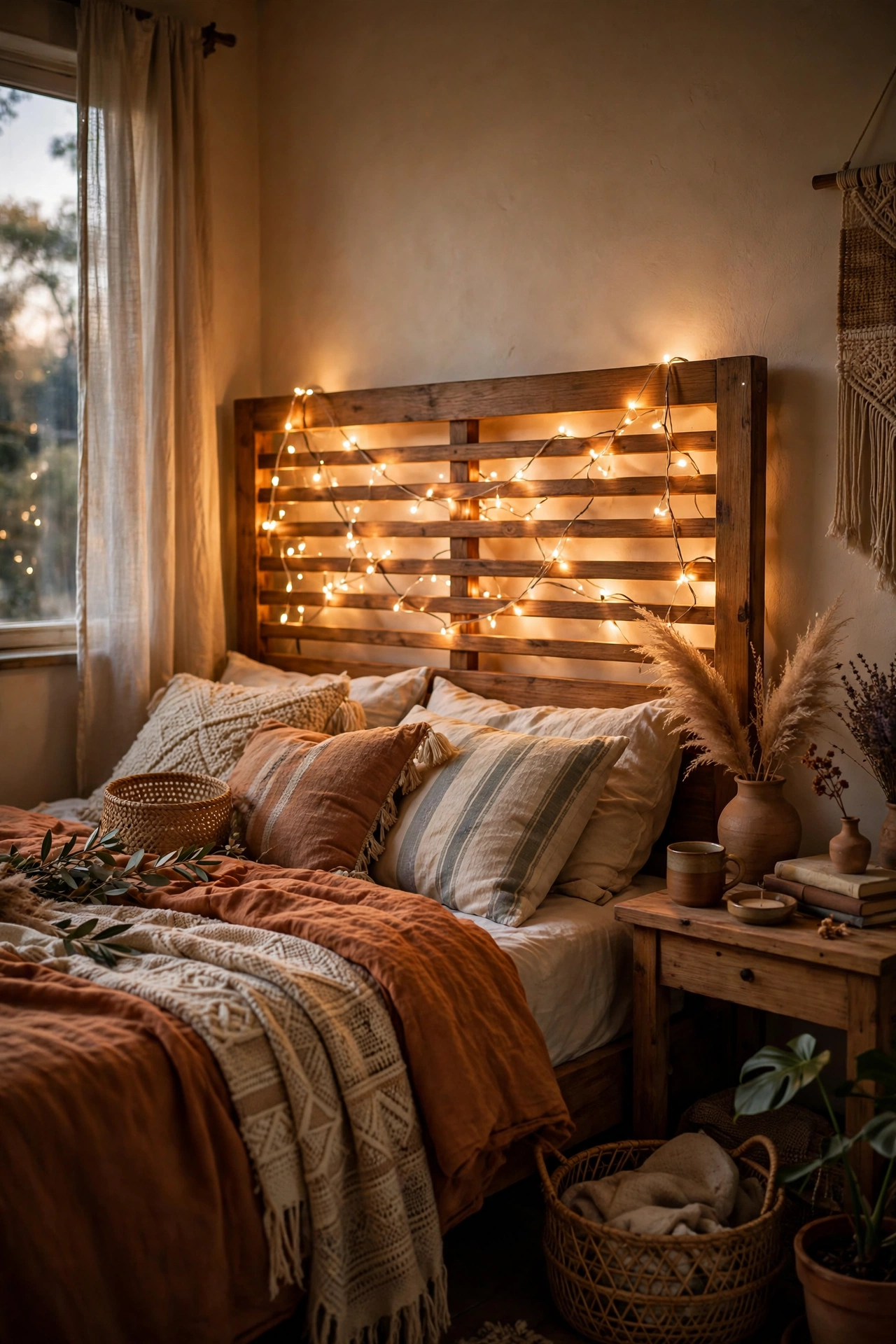 Warm string lights woven through a wooden headboard