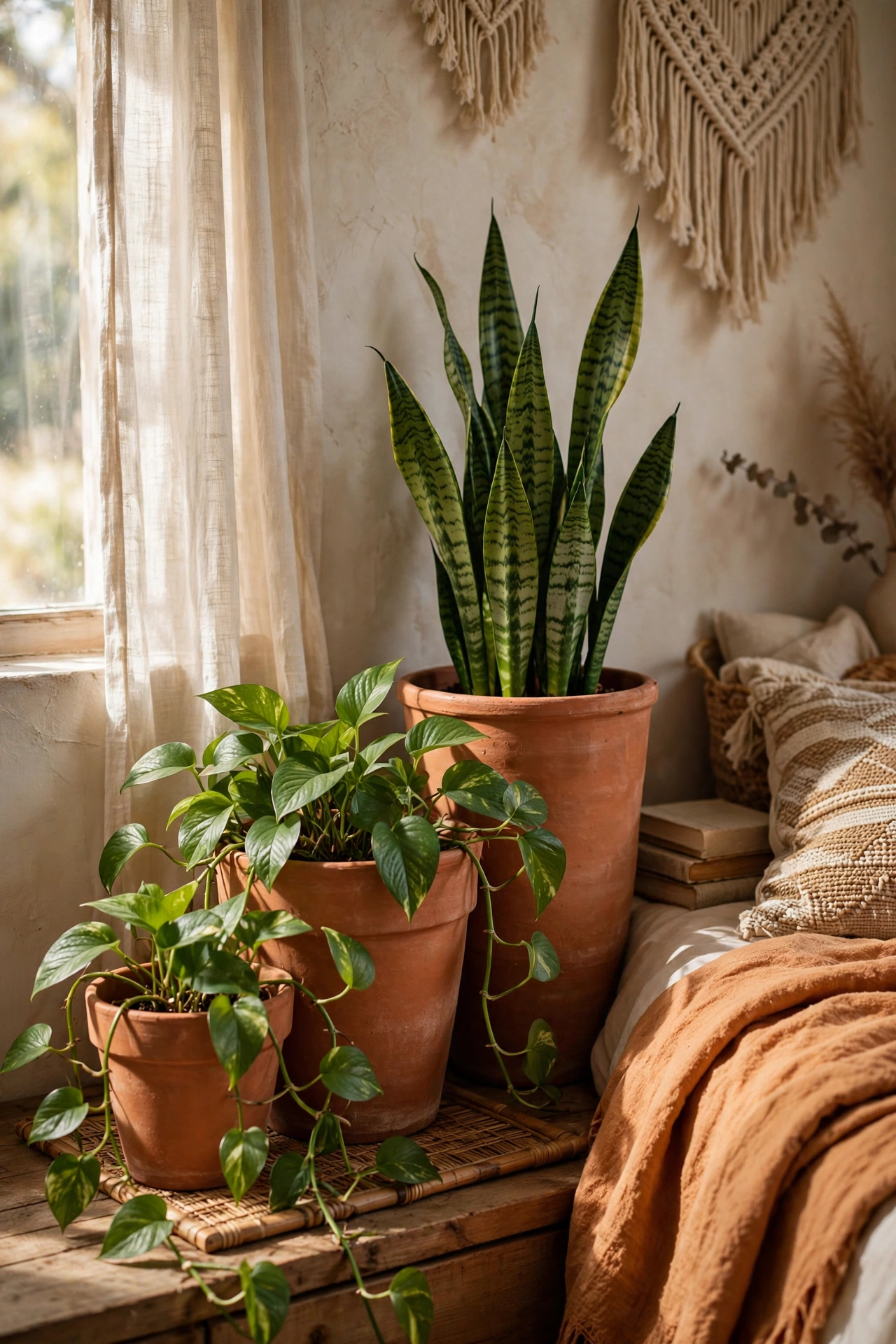 Cluster of terracotta pots with green plants in corner