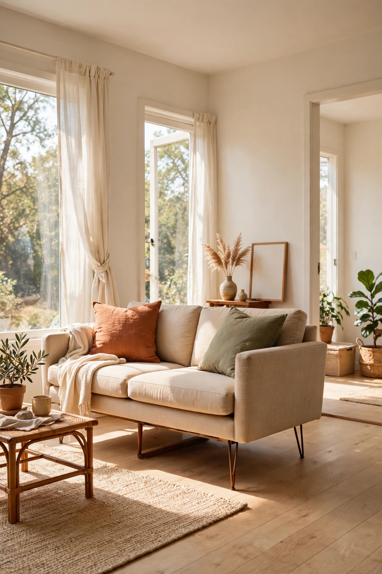 Small living room idea with leggy mid century sofa showing floor underneath
