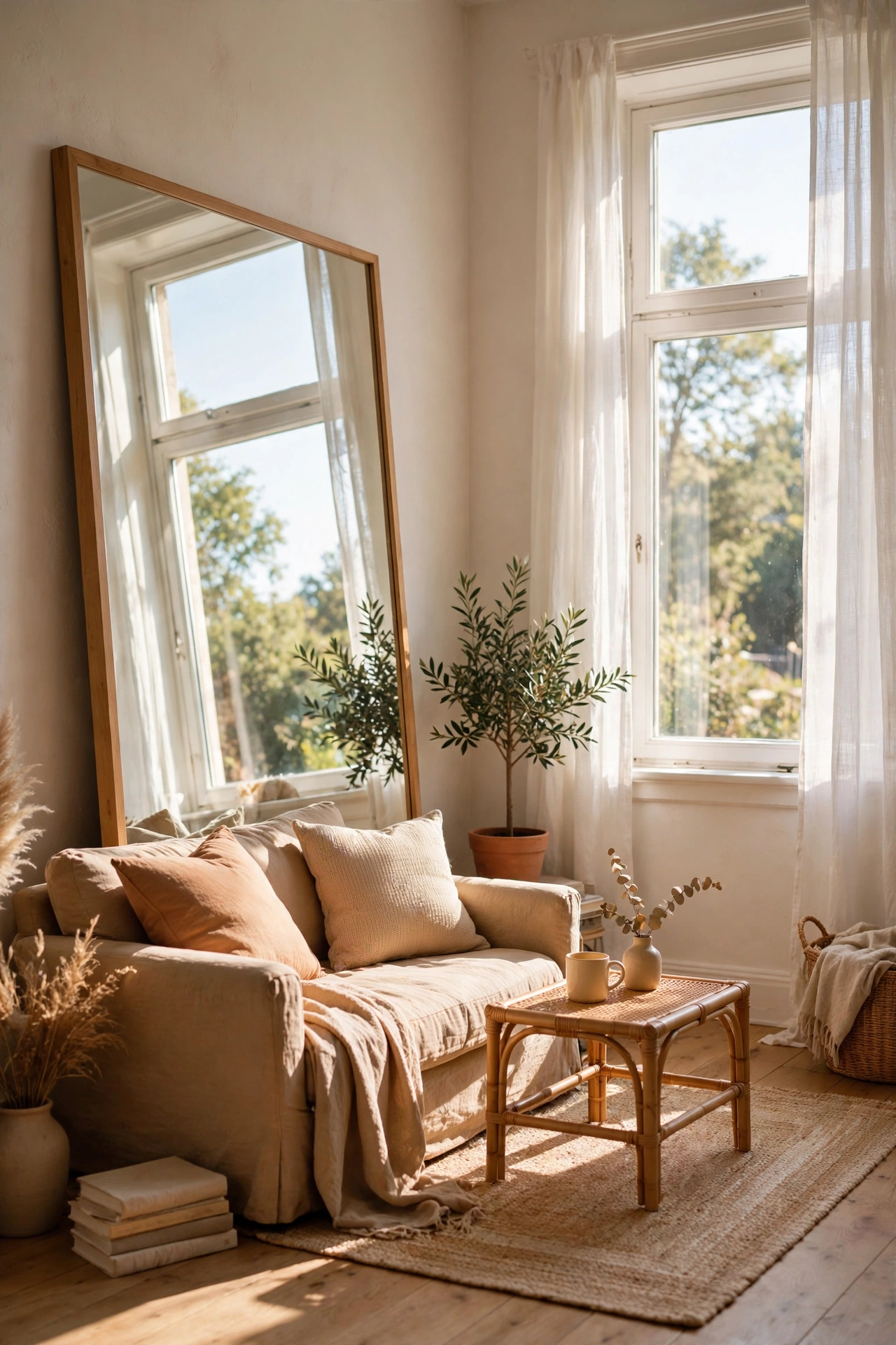 Large mirror leaned opposite a window doubling light in a small living room
