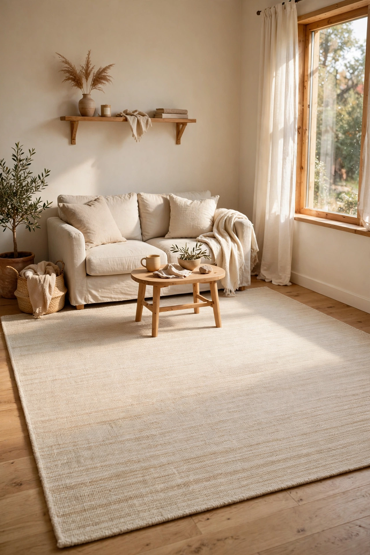 Light colored large area rug making a small living room feel bigger