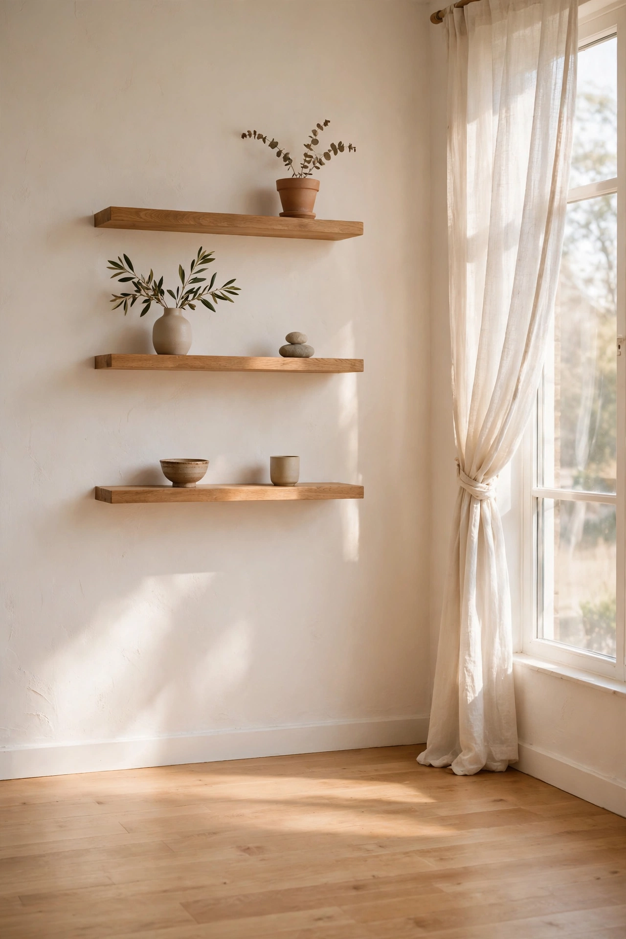 Floating wall mounted shelves replacing a bookcase in a small living room