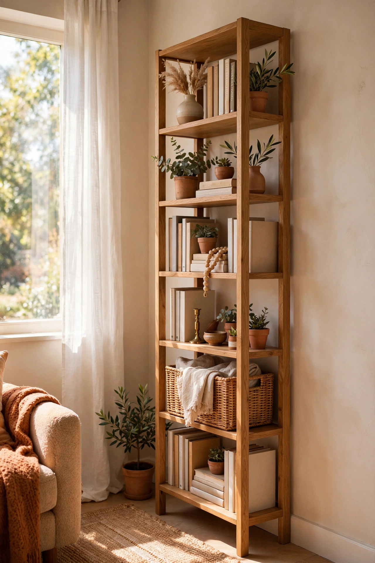 Tall narrow bookcase using vertical storage in a small living room corner