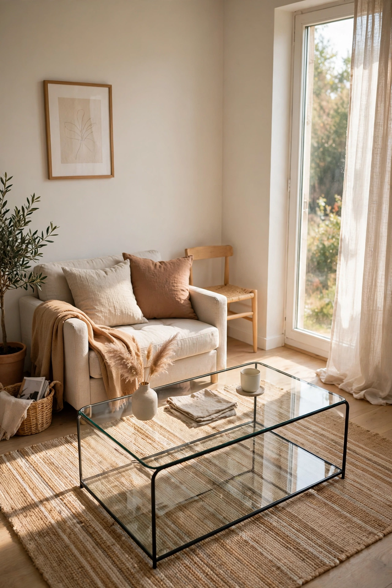 Glass coffee table disappearing visually in a small living room