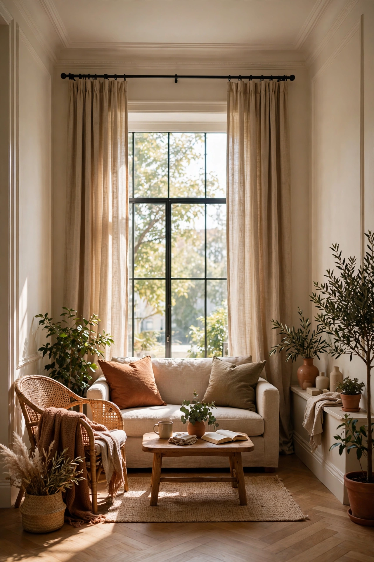 Curtains hung high near the ceiling making a small living room window look bigger