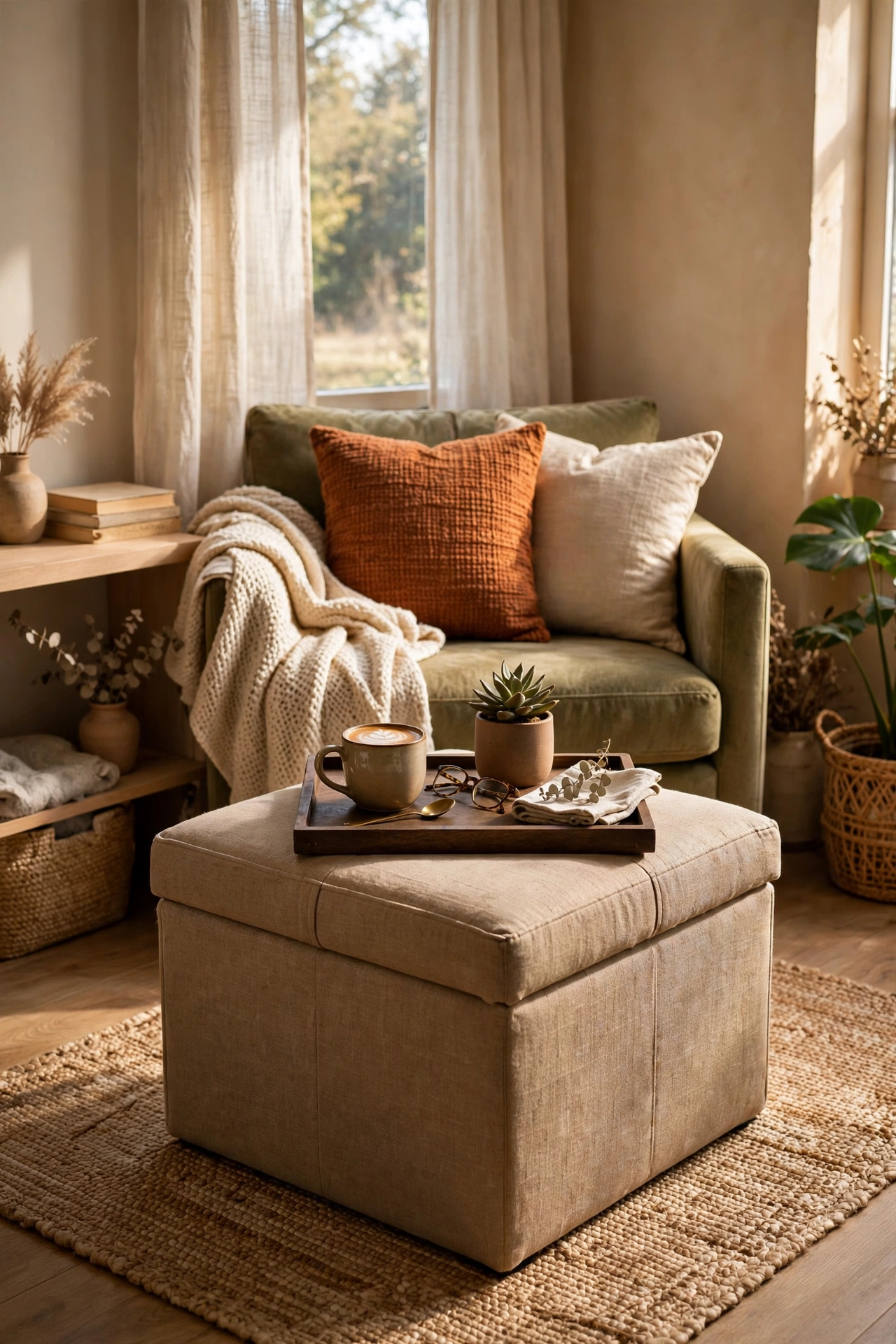 Storage ottoman as footrest and coffee table in a small living room