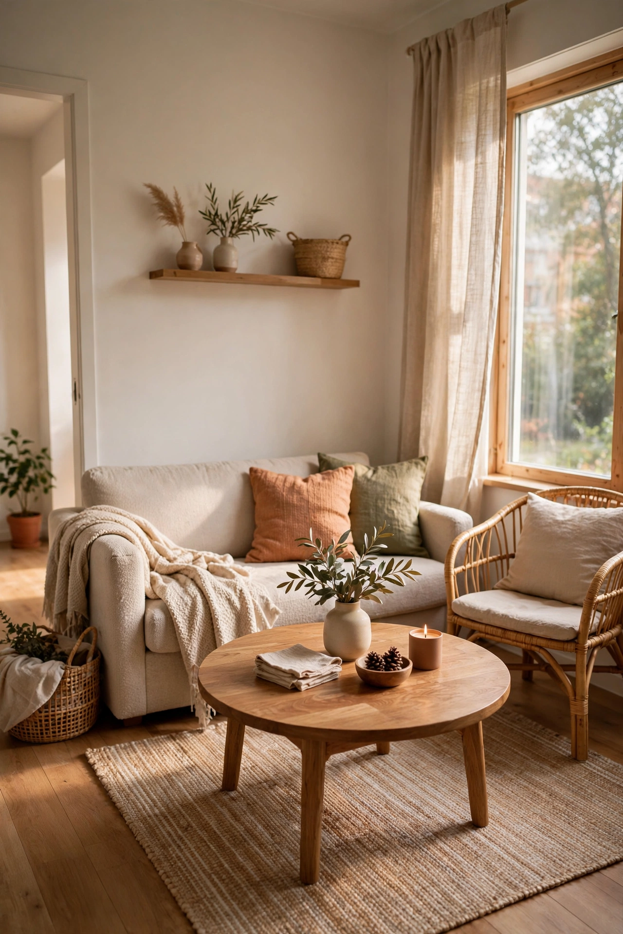 Round coffee table improving flow in a small living room