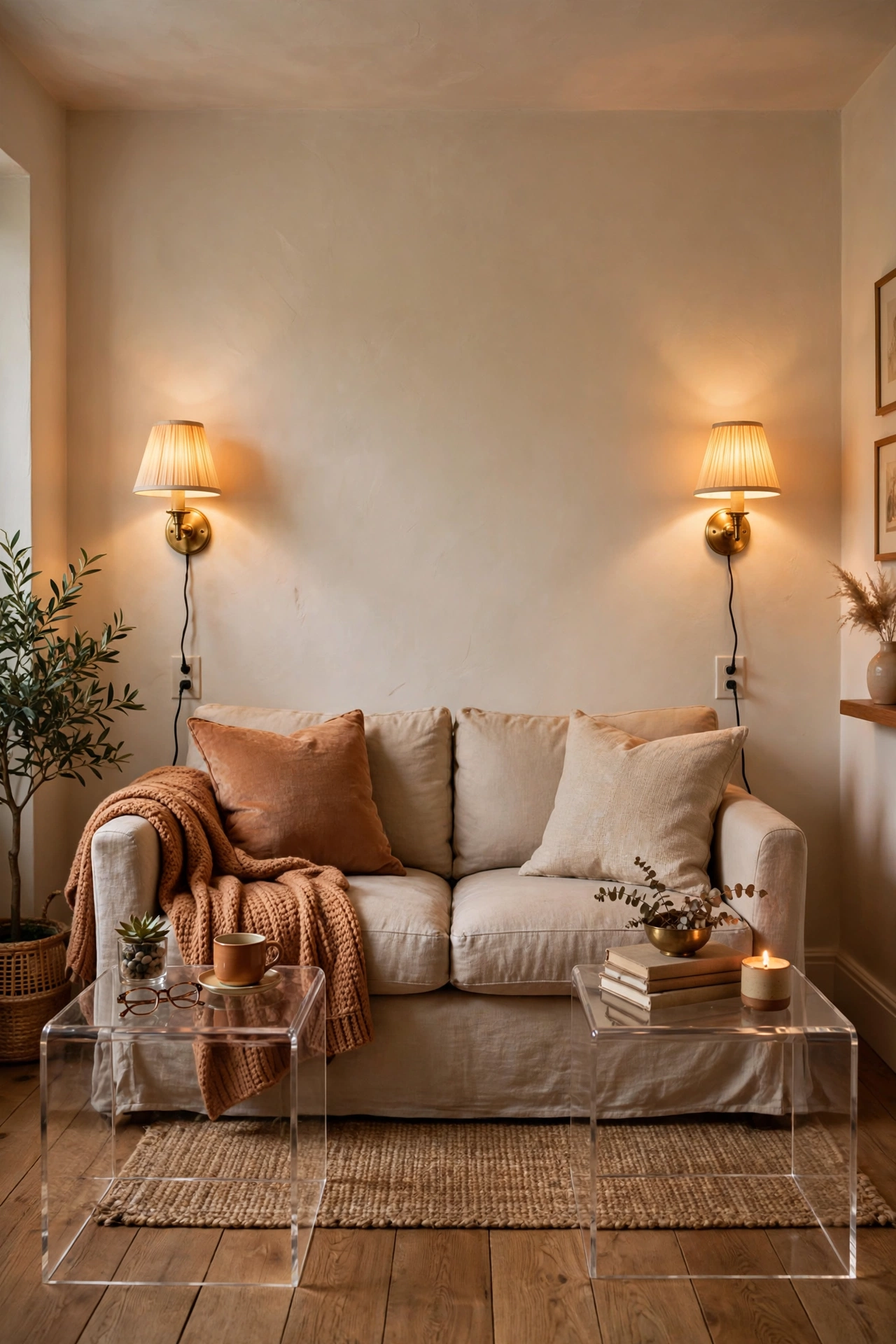 Plug in wall sconces flanking a sofa saving surface space in a small living room