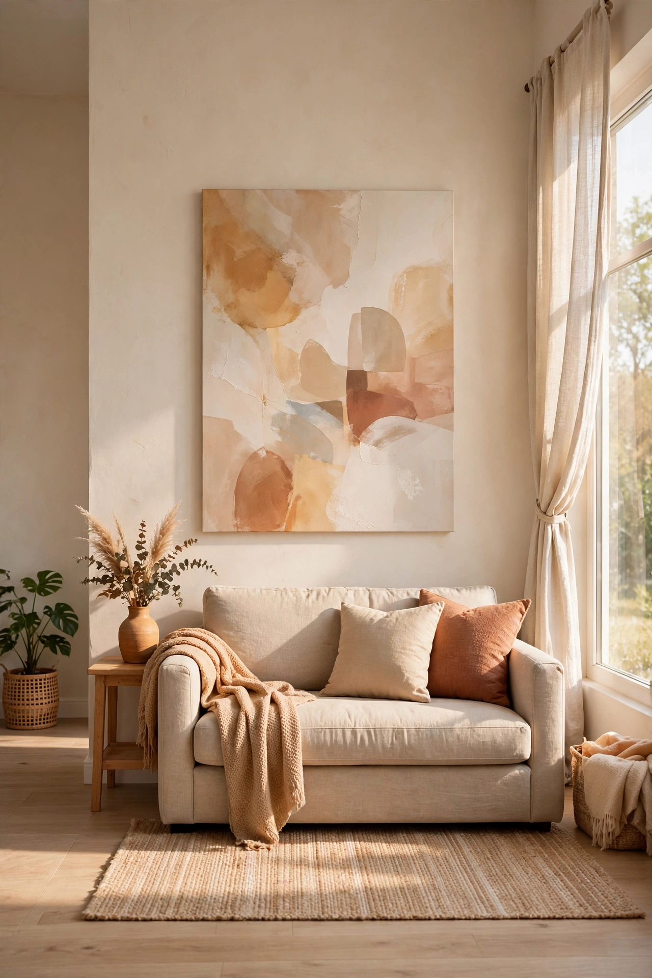One large abstract canvas making a small living room feel bigger