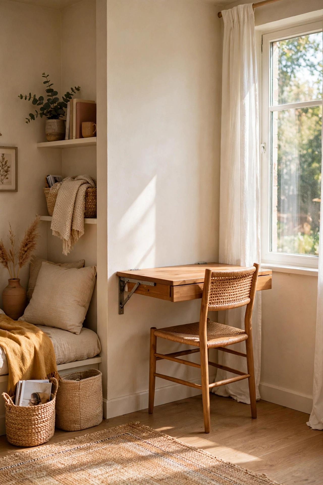 Fold down wall mounted desk nook in a small living room
