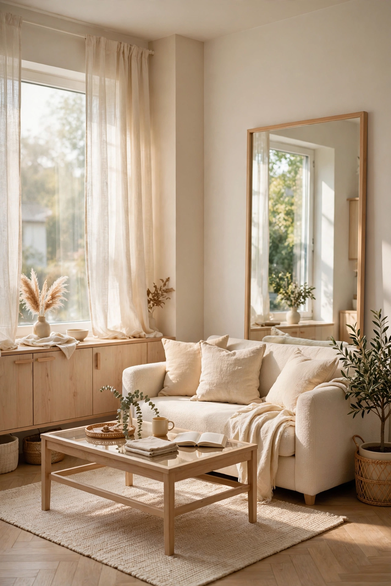 Light airy color palette of white cream and light wood in a small living room