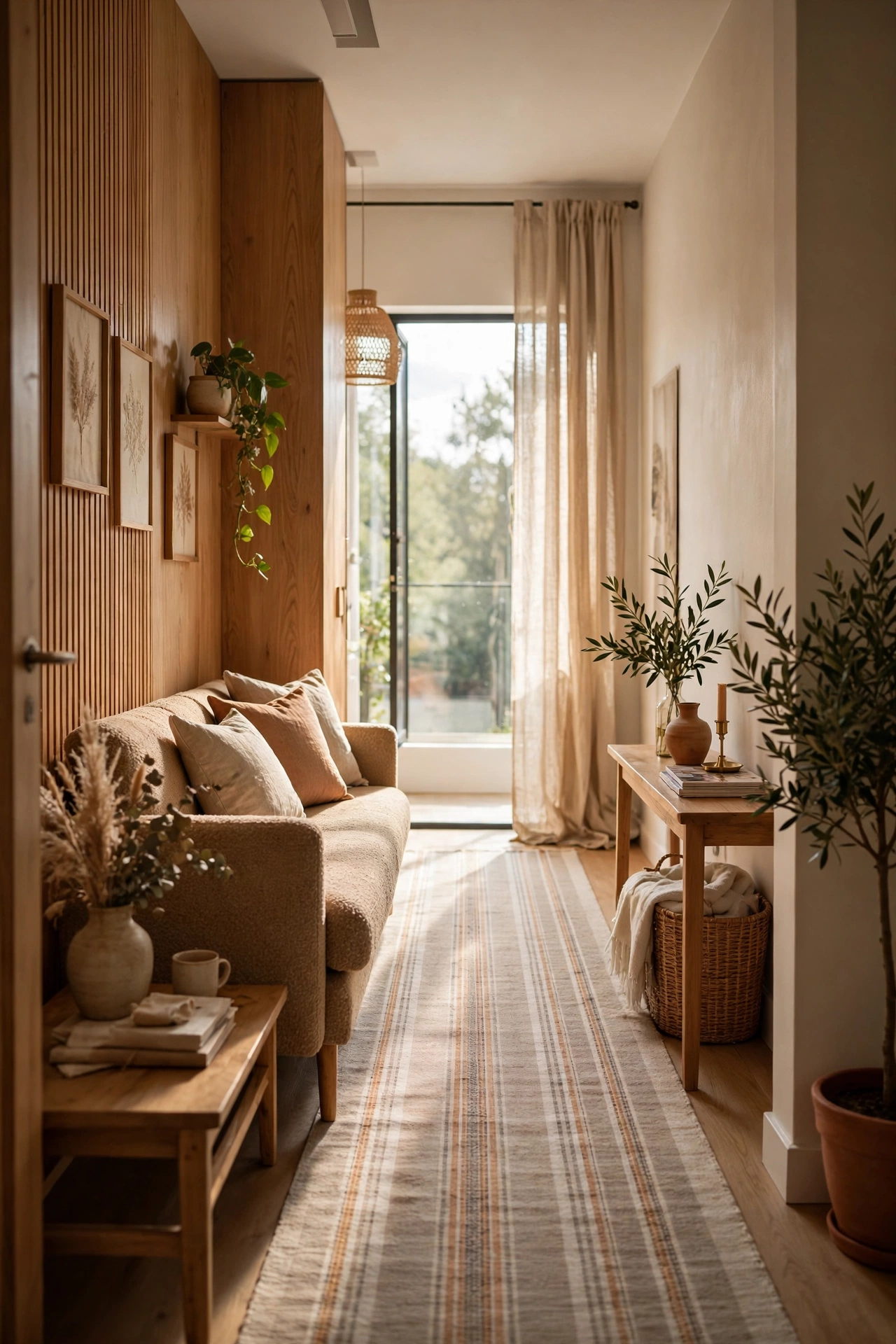 Striped rug running lengthwise making a narrow living room feel longer