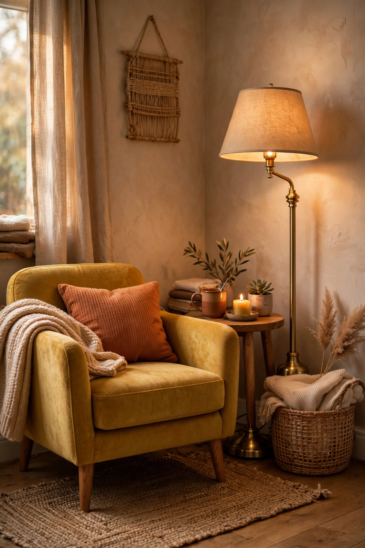 Compact armchair reading nook in the dead corner of a small living room