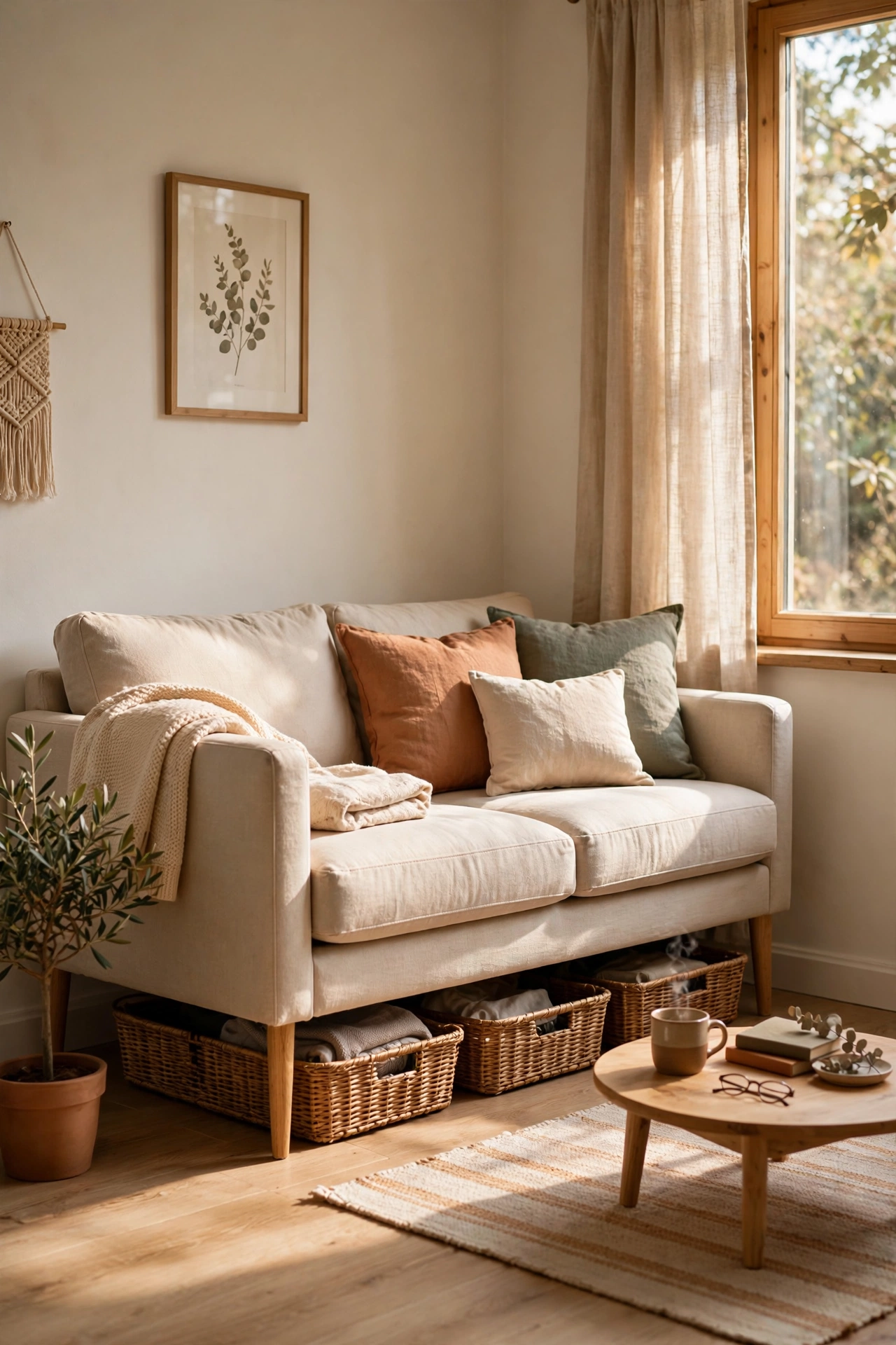 Low baskets sliding under a leggy sofa as hidden storage in a small living room