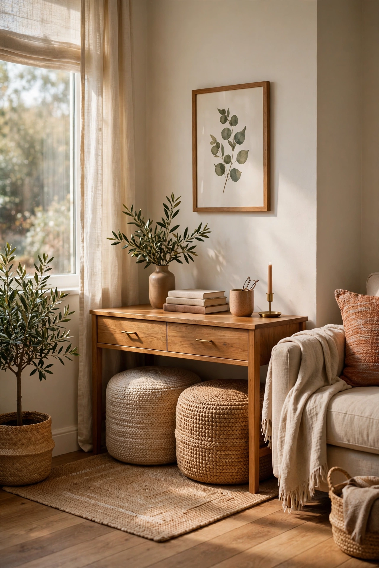 Poufs tucked under a console as flexible seating in a small living room